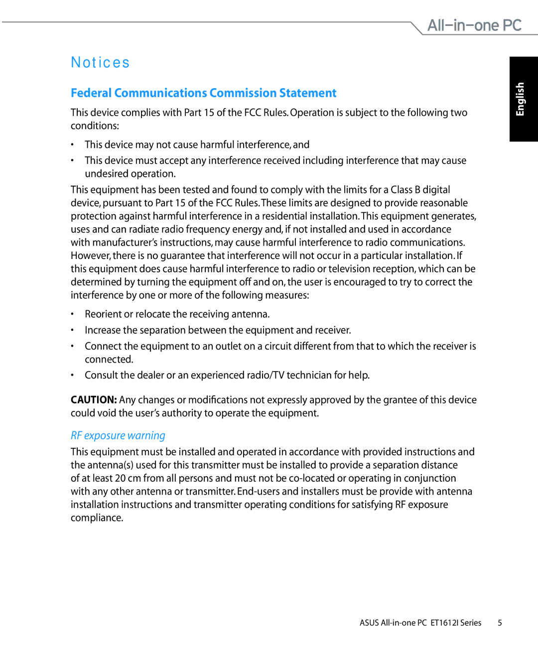 Asus ET1612IUTSB004E, ET1612IUTSB007C, ET1612IUTS-B004E Federal Communications Commission Statement, RF exposure warning 