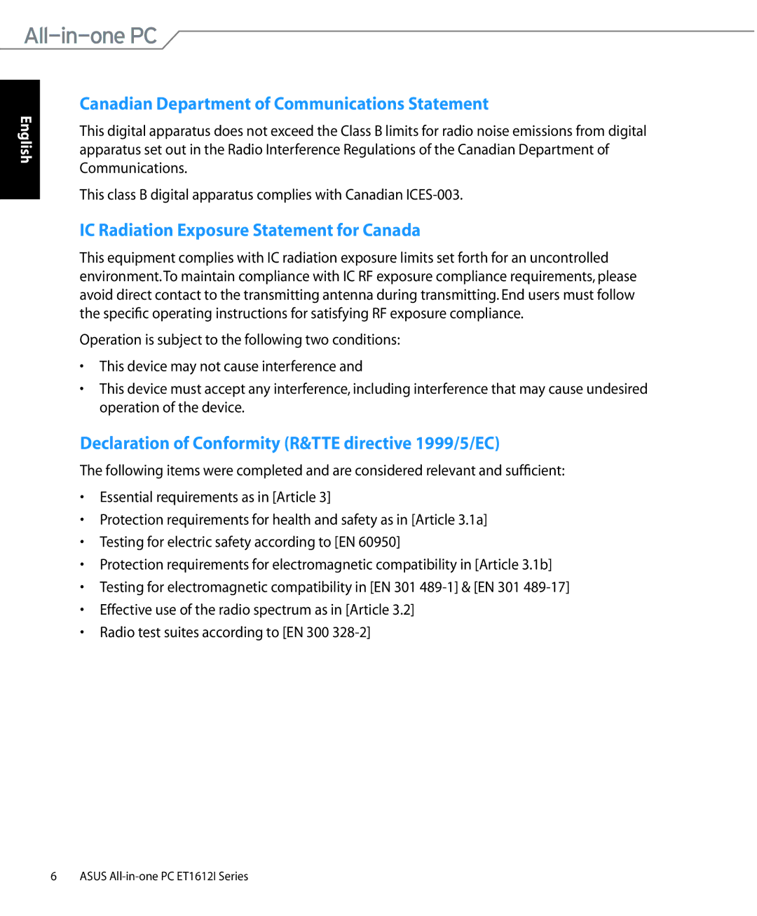 Asus ET1612IUTSB007C Canadian Department of Communications Statement, IC Radiation Exposure Statement for Canada 