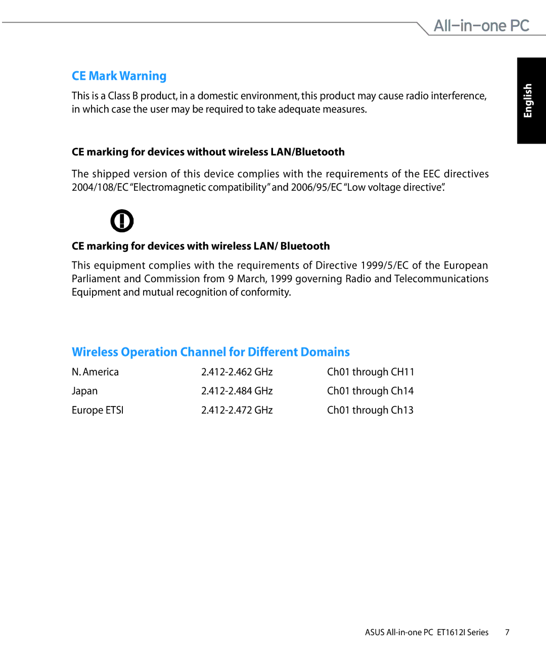 Asus ET1612IUTS-B004E, ET1612IUTSB007C, ET1612IUTSB004E CE Mark Warning, Wireless Operation Channel for Different Domains 