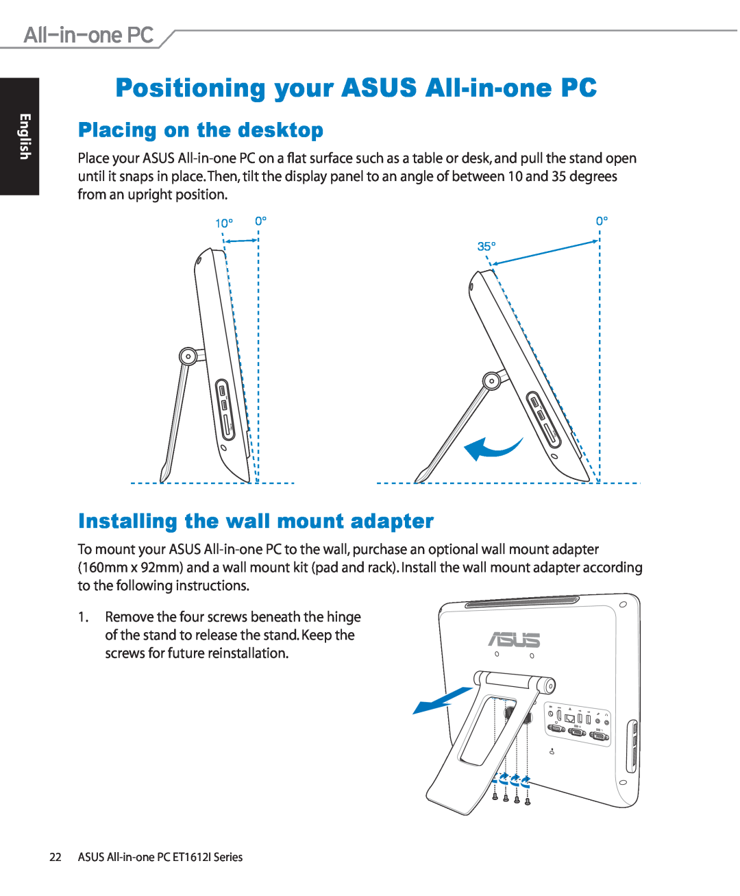 Asus ET1612IUTS-B004E Positioning your ASUS All-in-one PC, Placing on the desktop, Installing the wall mount adapter 