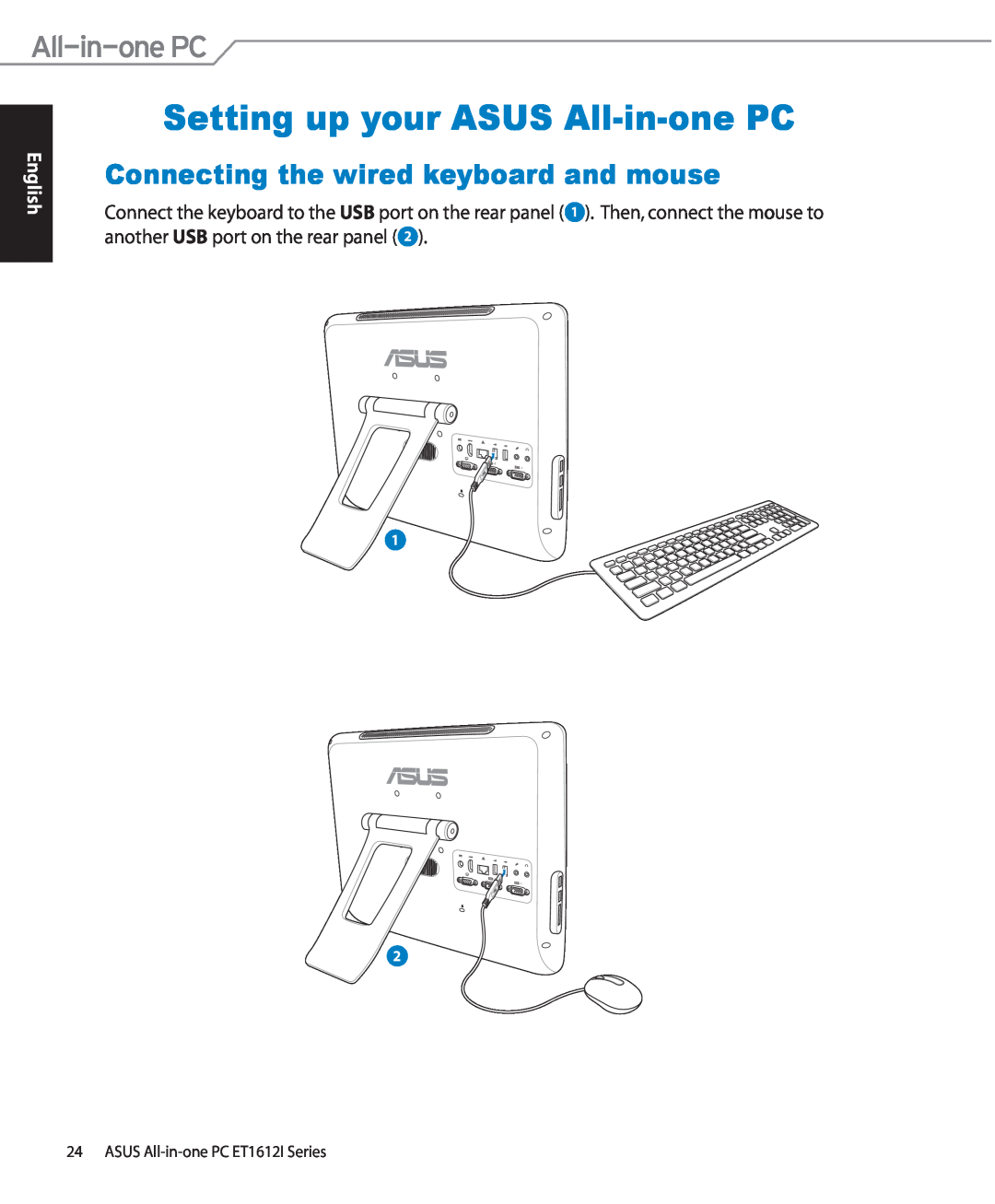 Asus ET1612IUTSB007C, ET1612IUTSB004E Setting up your ASUS All-in-one PC, Connecting the wired keyboard and mouse, English 