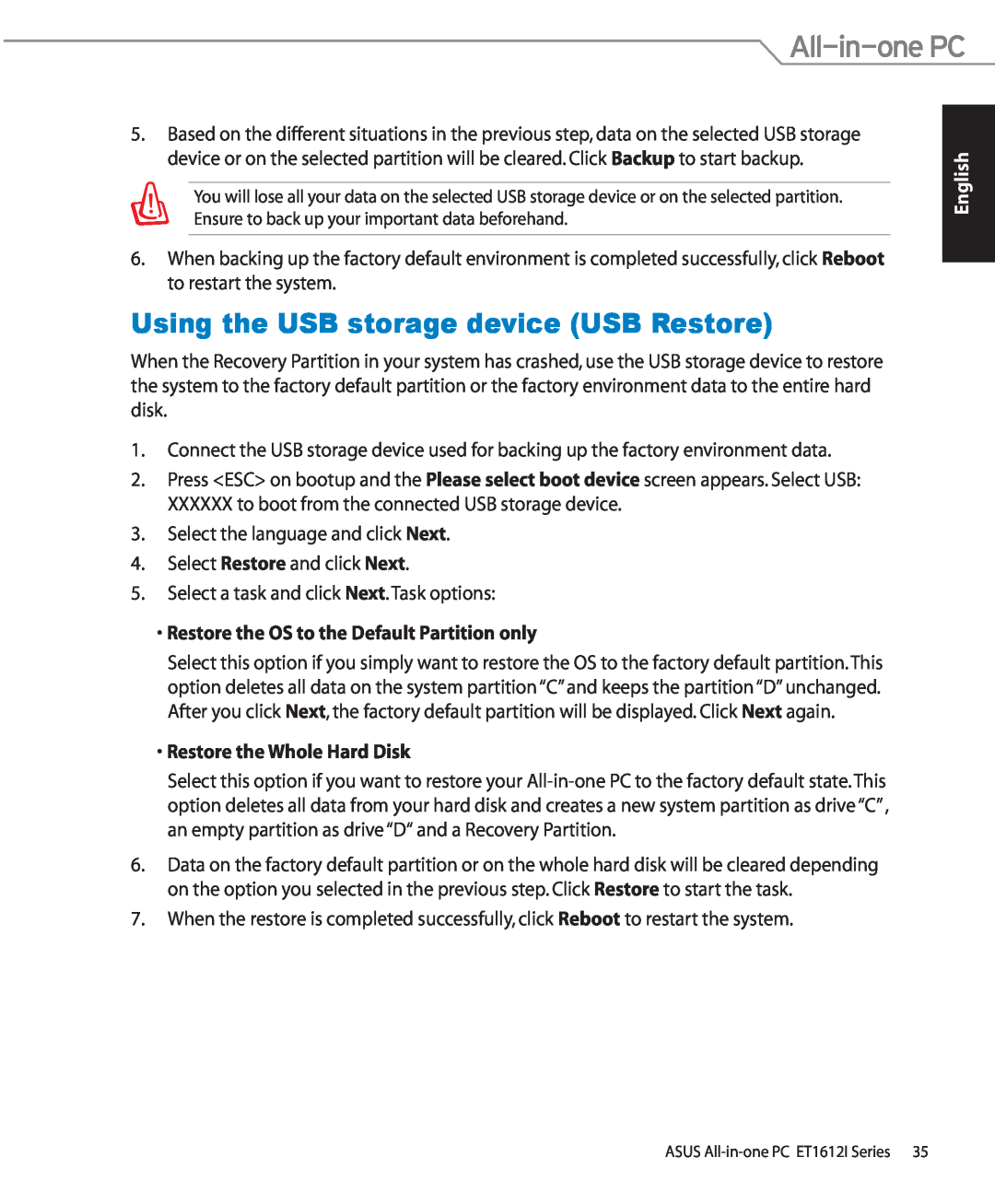 Asus ET1612IUTSB004E user manual Using the USB storage device USB Restore, Restore the OS to the Default Partition only 
