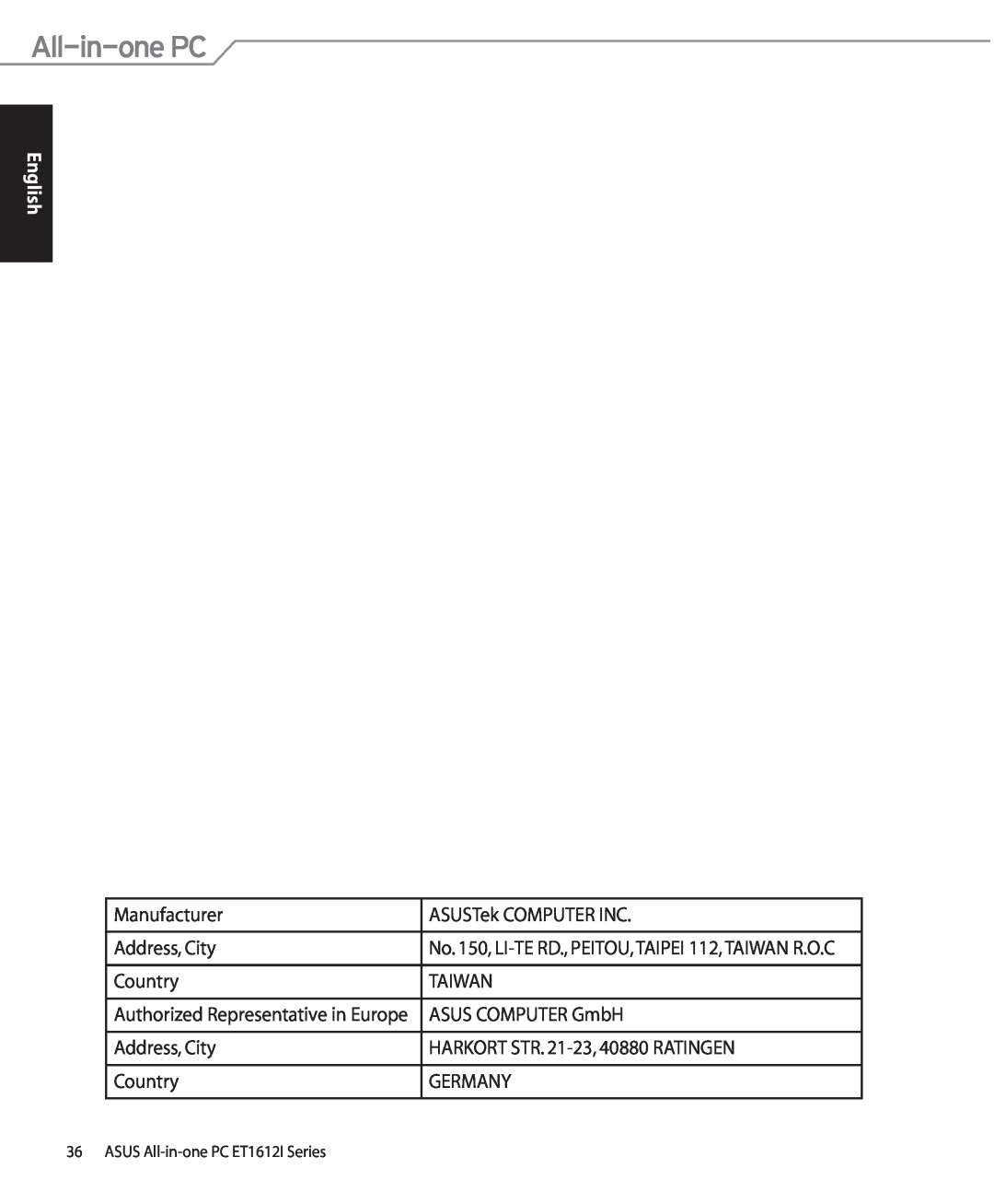 Asus ET1612IUTSB007C user manual Authorized Representative in Europe, No. 150, LI-TE RD., PEITOU, TAIPEI 112, TAIWAN R.O.C 
