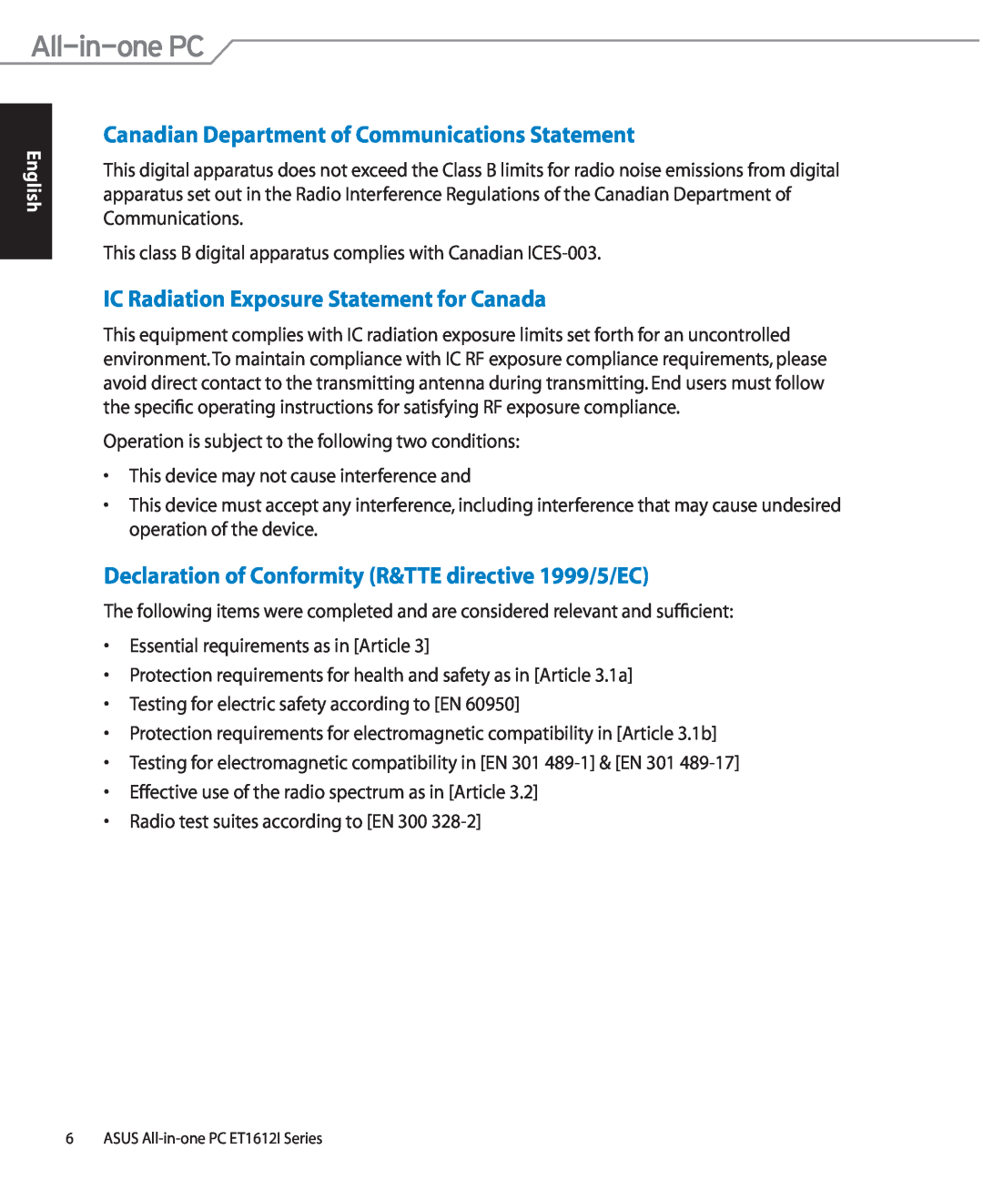 Asus ET1612IUTSB007C Canadian Department of Communications Statement, IC Radiation Exposure Statement for Canada 