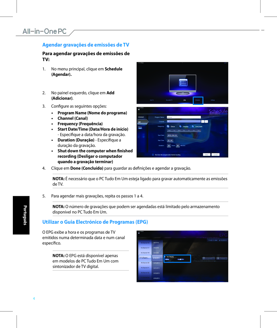 Asus ET2221IUTHB017K quick start Agendar gravações de emissões de TV, Utilizar o Guia Electrónico de Programas EPG 