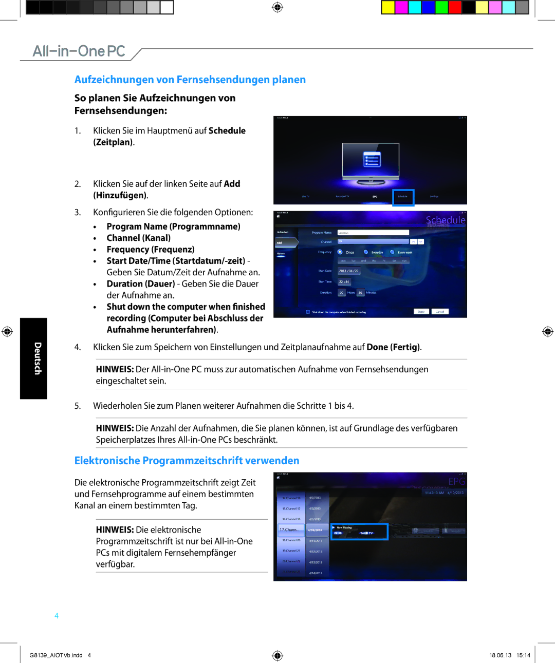 Asus ET2221IUTHB017K quick start Aufzeichnungen von Fernsehsendungen planen, Elektronische Programmzeitschrift verwenden 