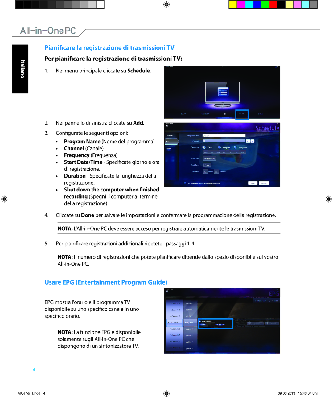 Asus ET2221IUTHB017K quick start Pianificare la registrazione di trasmissioni TV, Usare EPG Entertainment Program Guide 