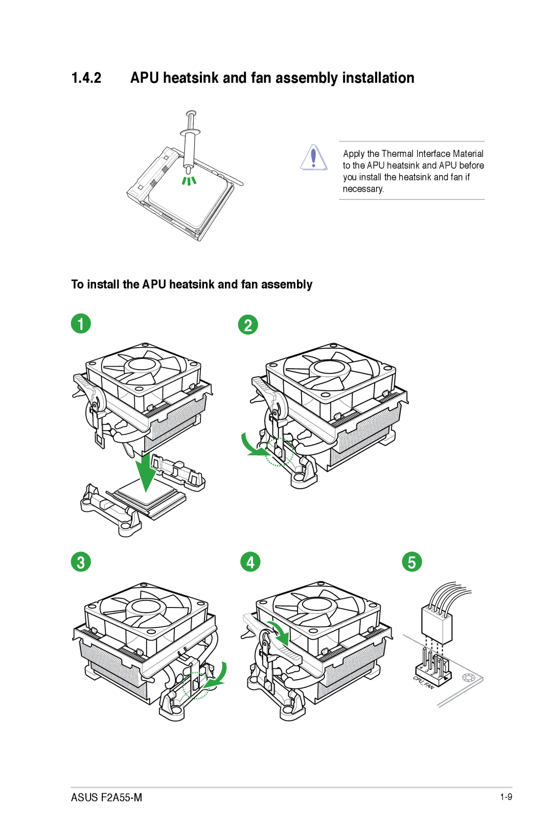 Asus F2A55-M manual APU heatsink and fan assembly installation, To install the APU heatsink and fan assembly 