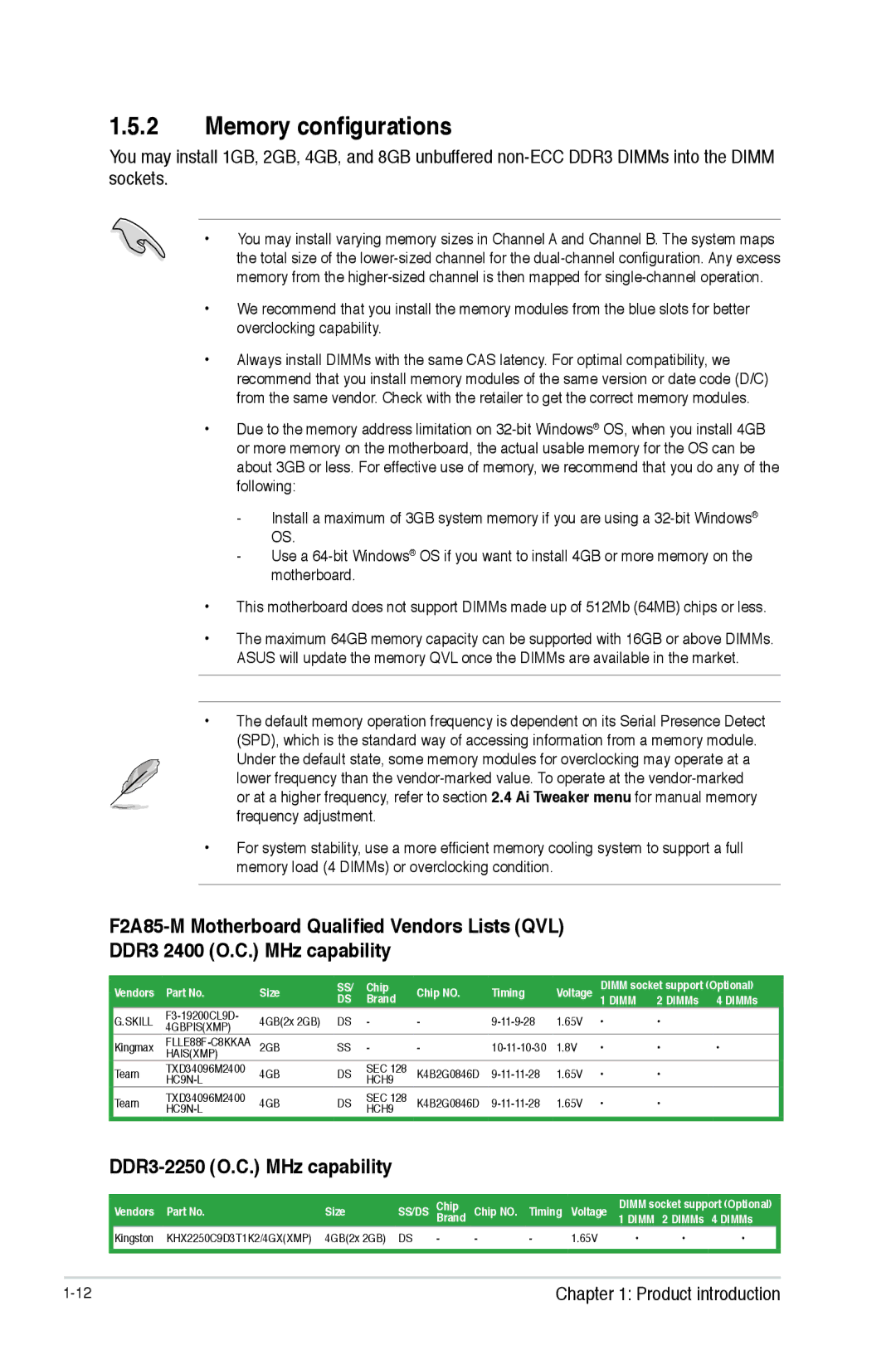 Asus F2A55-M manual Memory configurations, DDR3-2250 O.C. MHz capability 