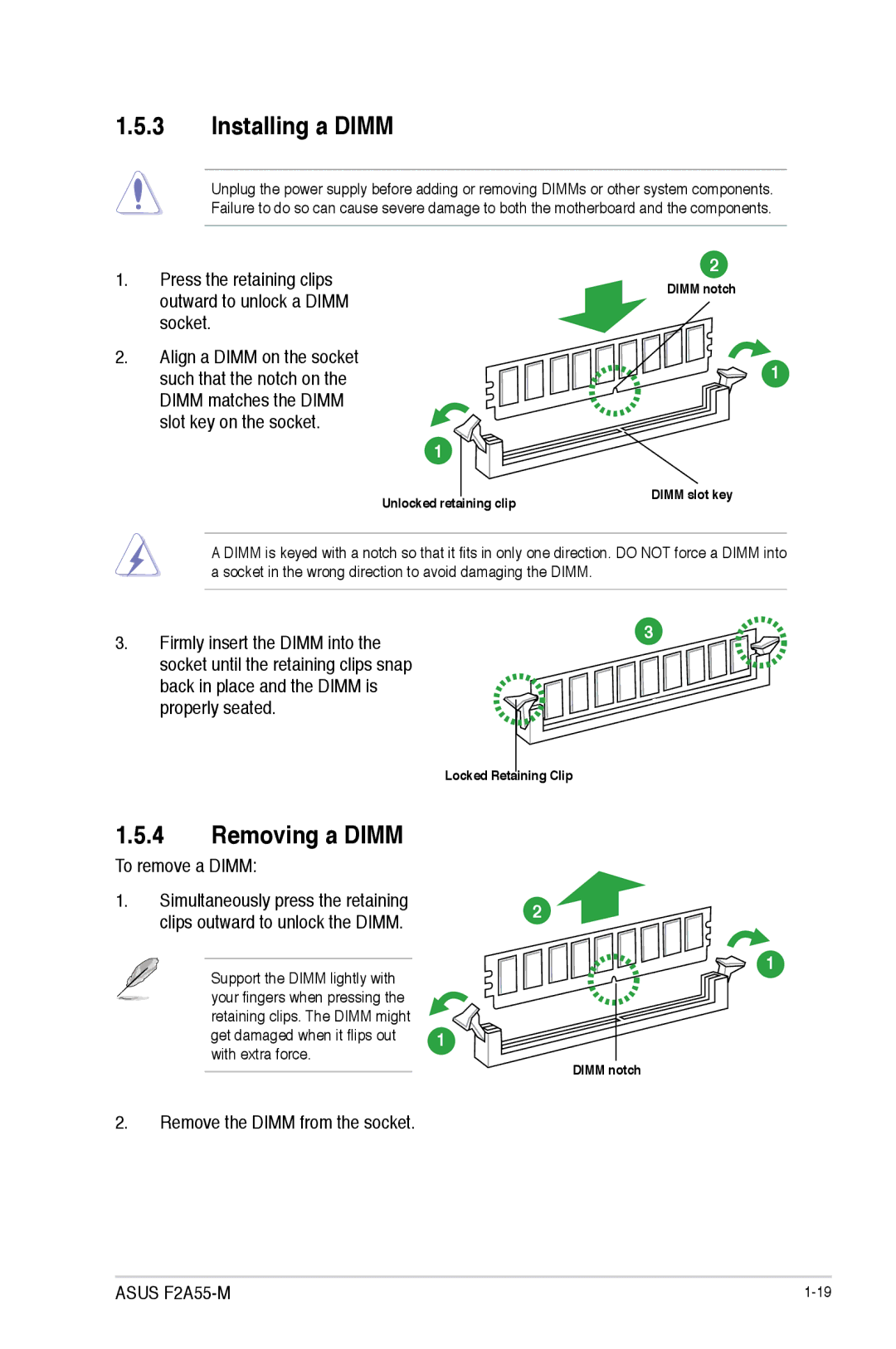 Asus F2A55-M manual Installing a Dimm, Removing a Dimm 