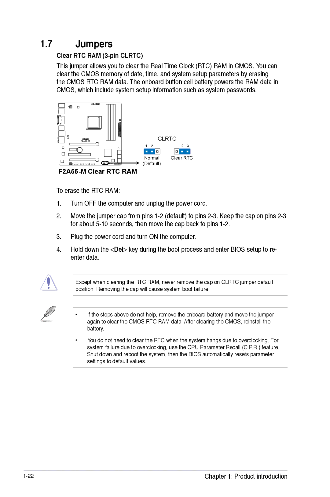 Asus manual Jumpers, Clear RTC RAM 3-pin Clrtc, F2A55-M Clear RTC RAM 