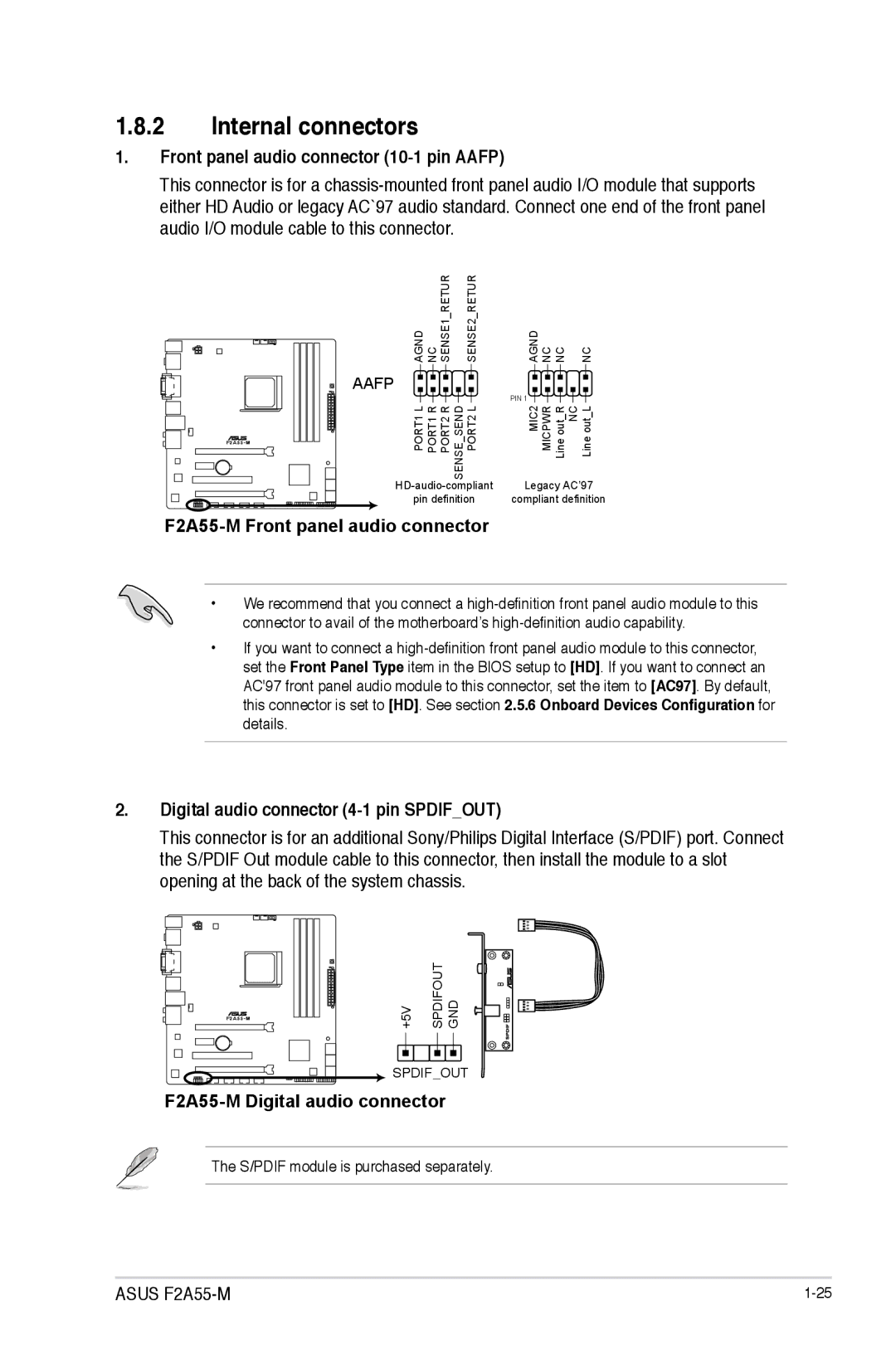 Asus manual Internal connectors, Front panel audio connector 10-1 pin Aafp, F2A55-M Front panel audio connector 