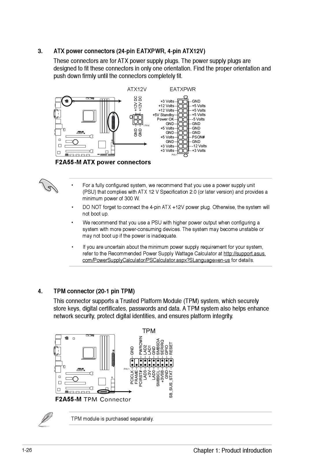 Asus manual ATX power connectors 24-pin EATXPWR, 4-pin ATX12V, F2A55-M ATX power connectors, TPM connector 20-1 pin TPM 