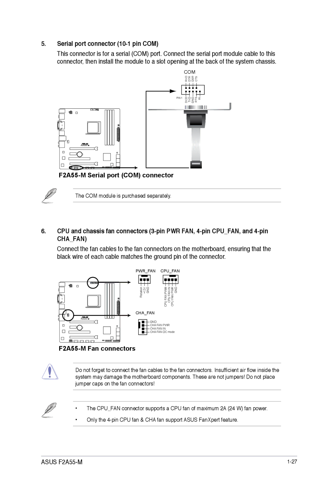 Asus manual Serial port connector 10-1 pin COM, F2A55-M Serial port COM connector, F2A55-M Fan connectors 