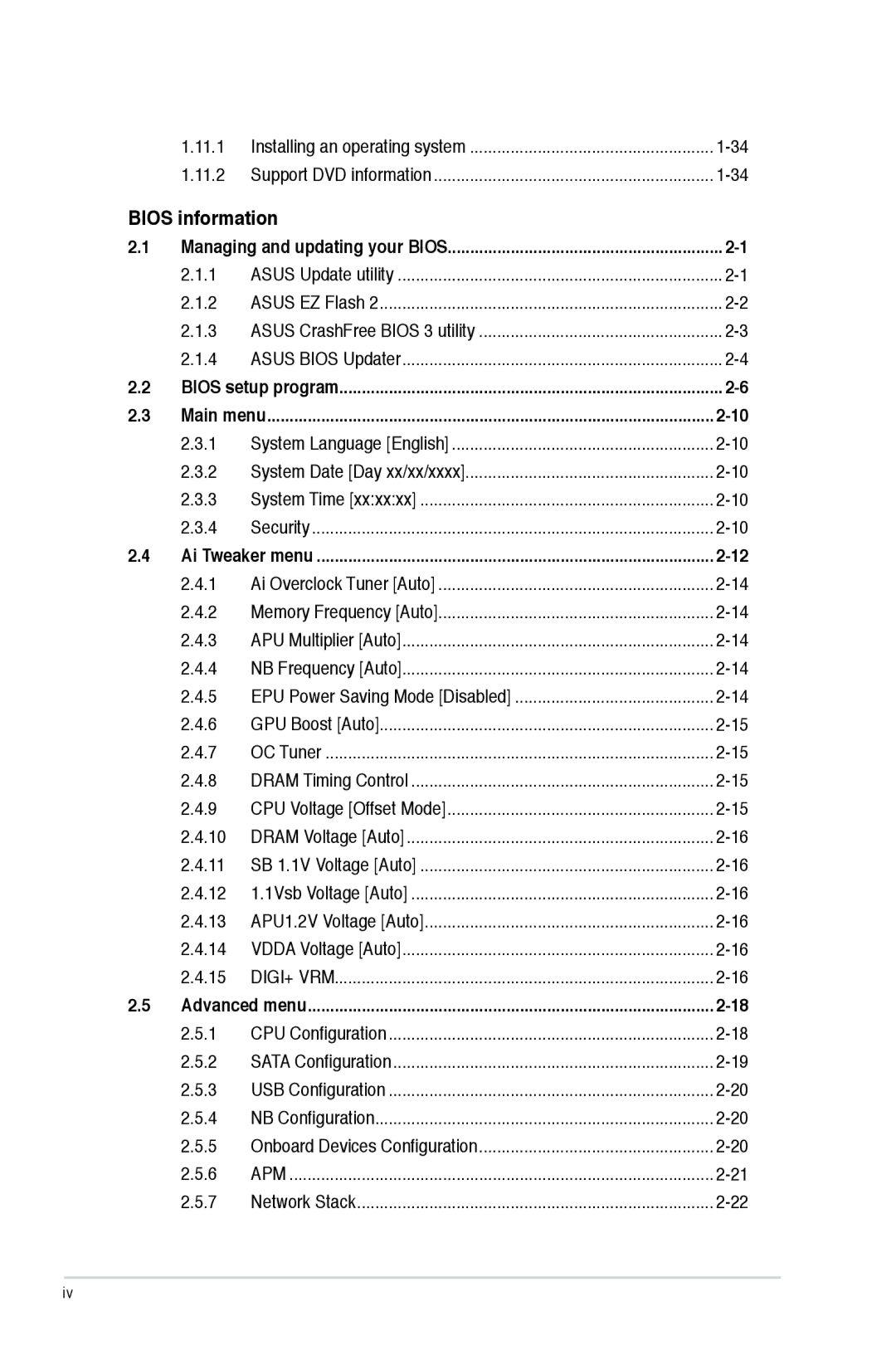 Asus F2A55-M manual Bios information, Ai Tweaker menu 