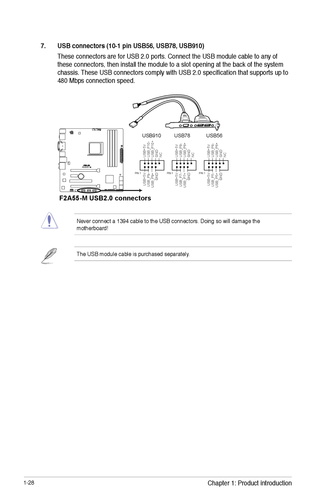 Asus manual USB connectors 10-1 pin USB56, USB78, USB910, F2A55-M USB2.0 connectors 