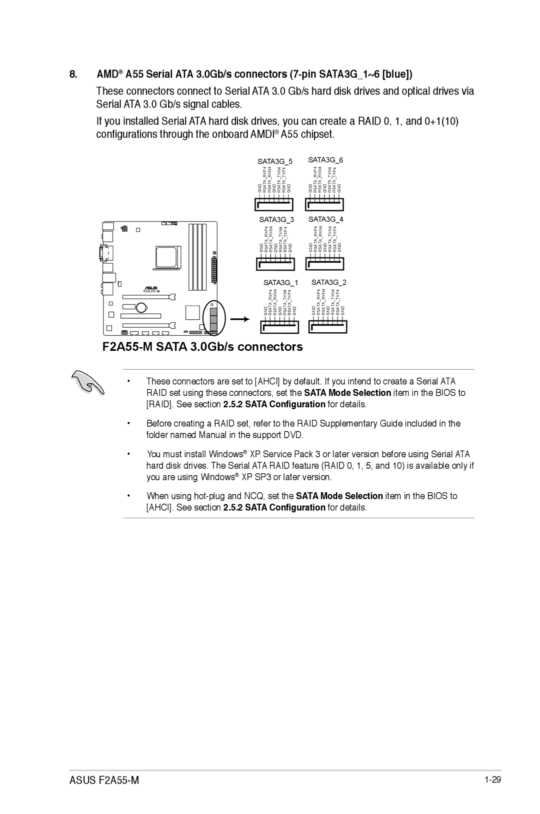 Asus manual F2A55-M Sata 3.0Gb/s connectors, AMD A55 Serial ATA 3.0Gb/s connectors 7-pin SATA3G1~6 blue 