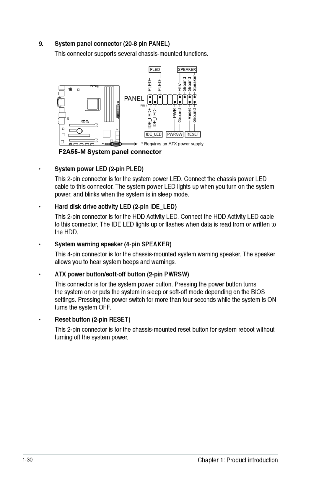 Asus manual F2A55-M System panel connector System power LED 2-pin Pled 