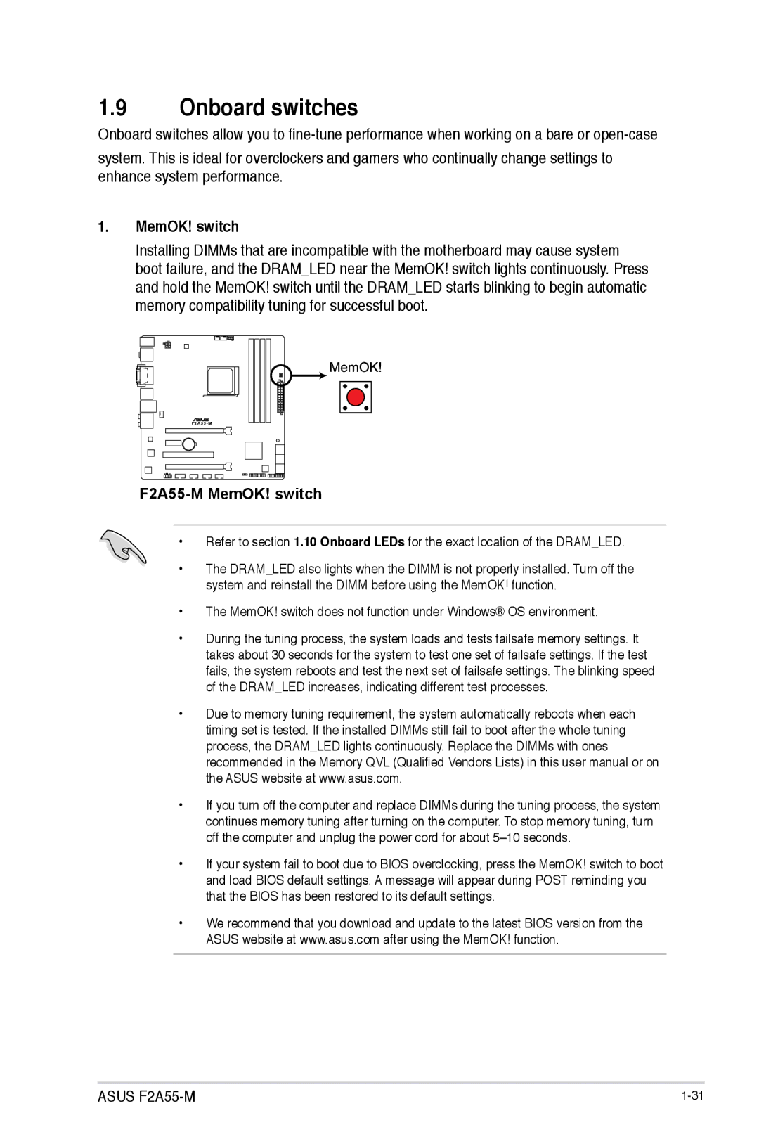 Asus manual Onboard switches, F2A55-M MemOK! switch 