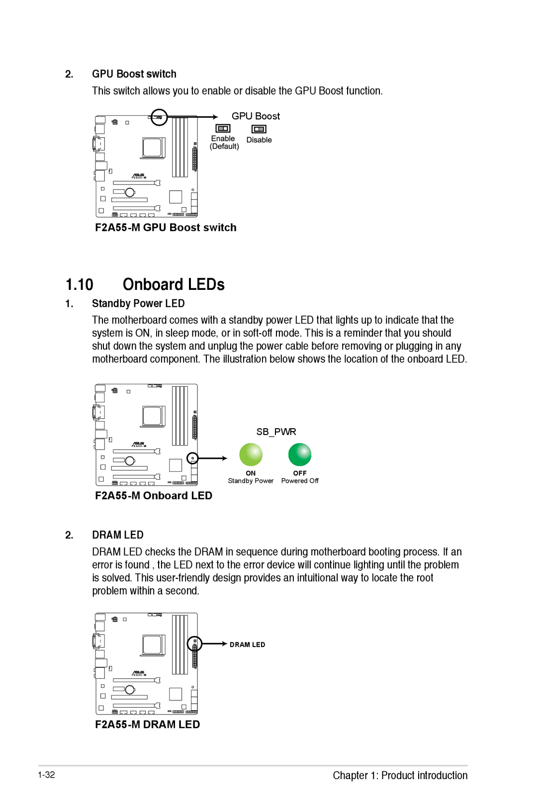 Asus manual Onboard LEDs, F2A55-M GPU Boost switch, Standby Power LED, F2A55-M Onboard LED 