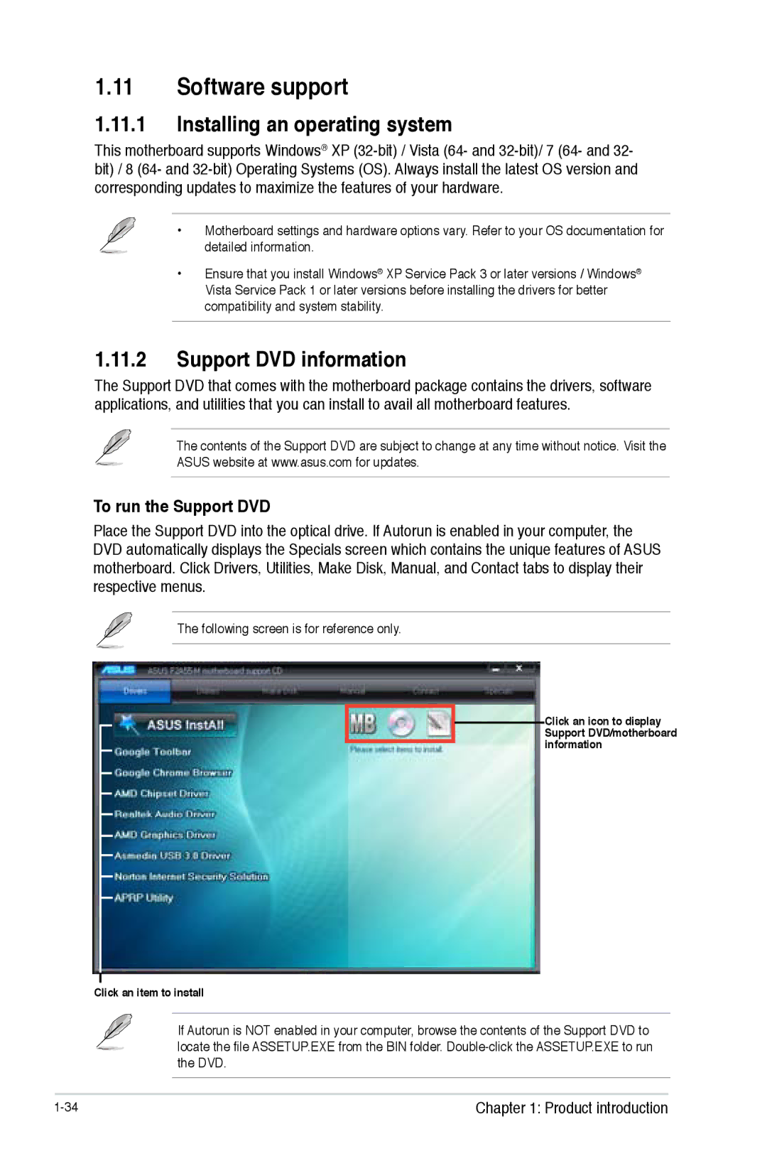 Asus F2A55-M manual Software support, Installing an operating system, Support DVD information, To run the Support DVD 