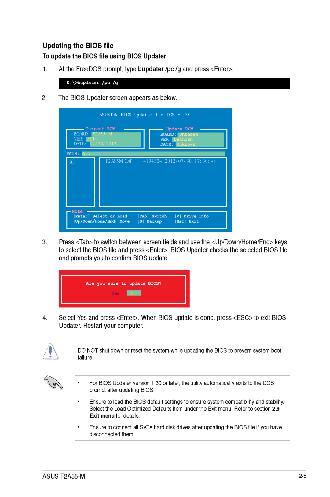 Asus F2A55-M manual Updating the Bios file, To update the Bios file using Bios Updater 