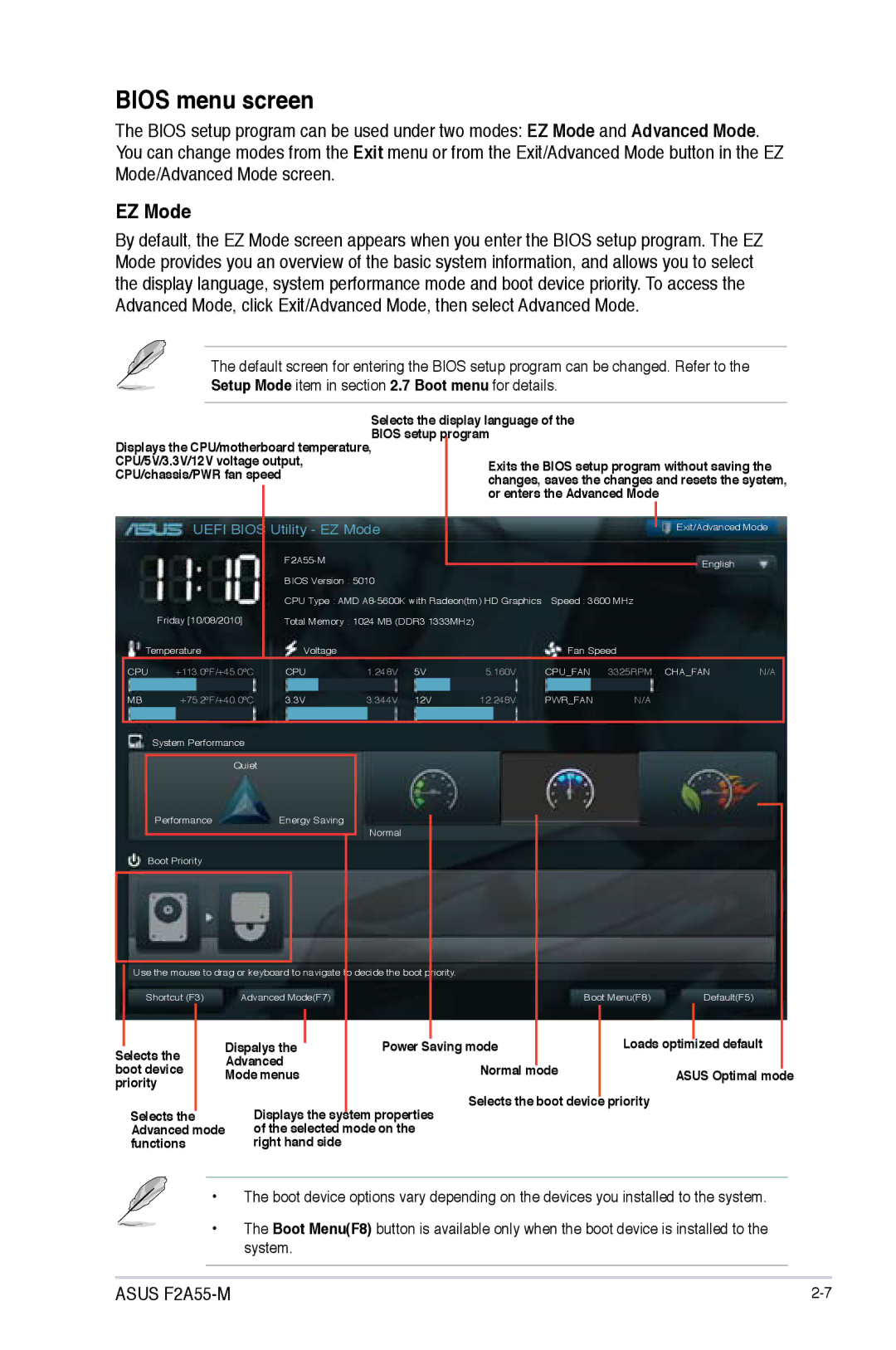 Asus F2A55-M manual Bios menu screen, EZ Mode 