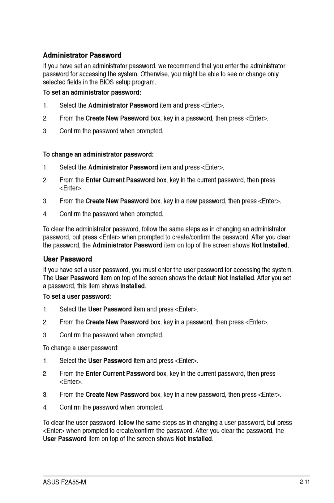 Asus F2A55-M Administrator Password, User Password, To set an administrator password, To change an administrator password 