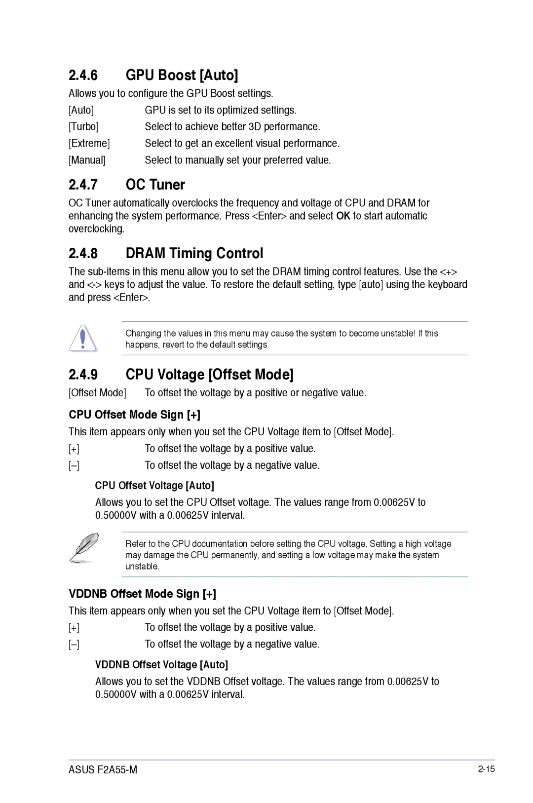 Asus F2A55-M manual GPU Boost Auto, OC Tuner, Dram Timing Control, CPU Voltage Offset Mode 