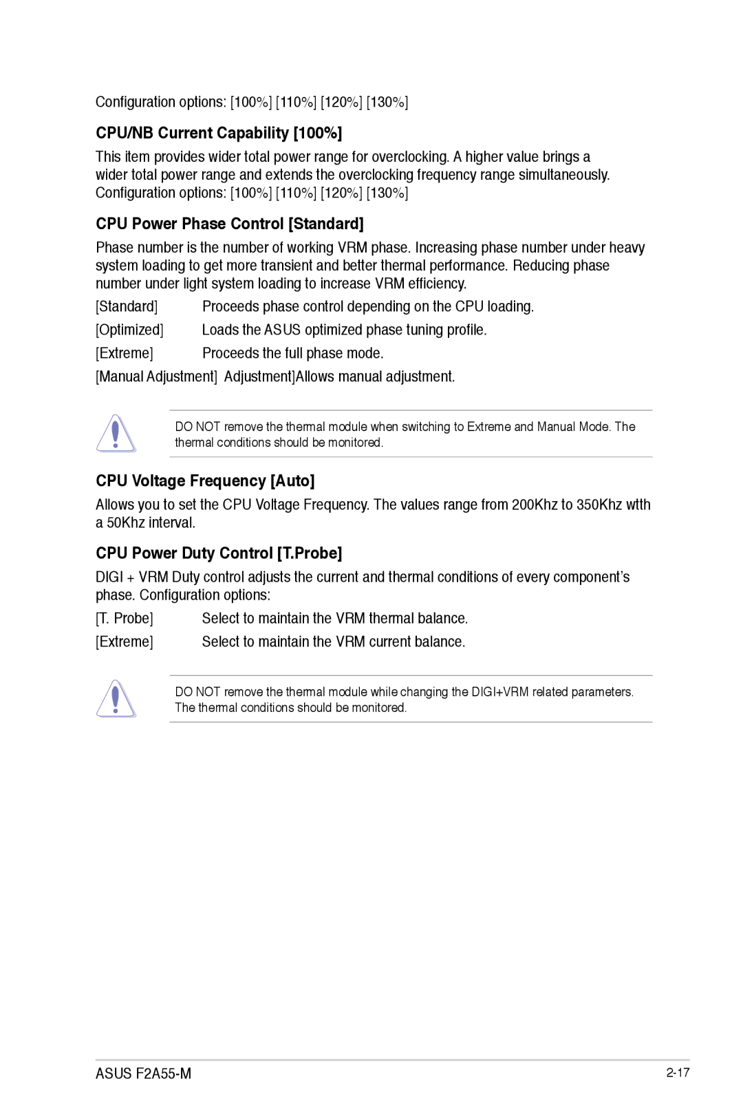 Asus F2A55-M manual CPU/NB Current Capability 100%, CPU Power Phase Control Standard, CPU Voltage Frequency Auto 