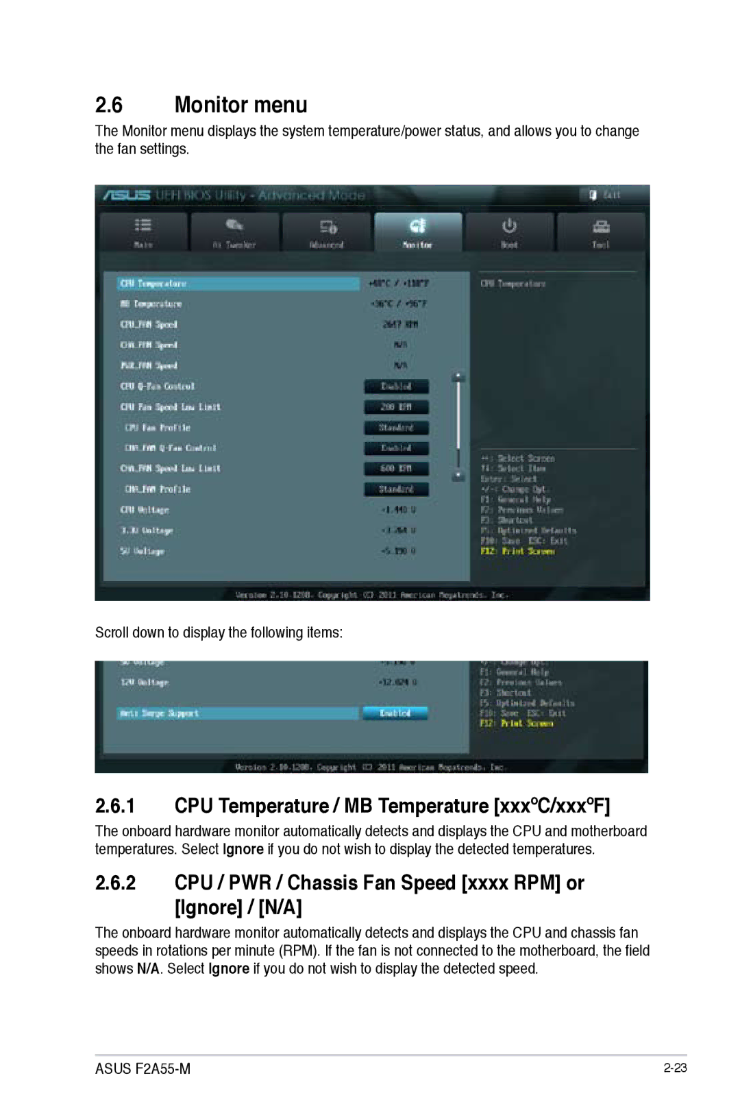 Asus F2A55-M manual Monitor menu, CPU Temperature / MB Temperature xxxºC/xxxºF 