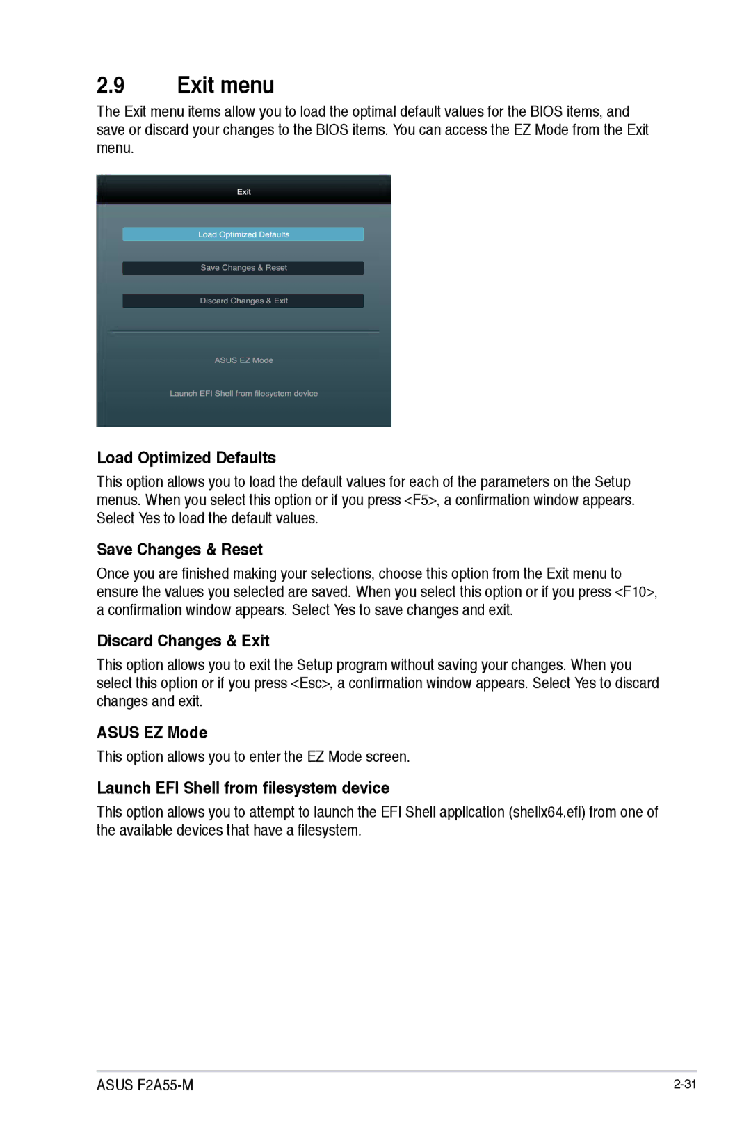 Asus F2A55-M manual Exit menu 