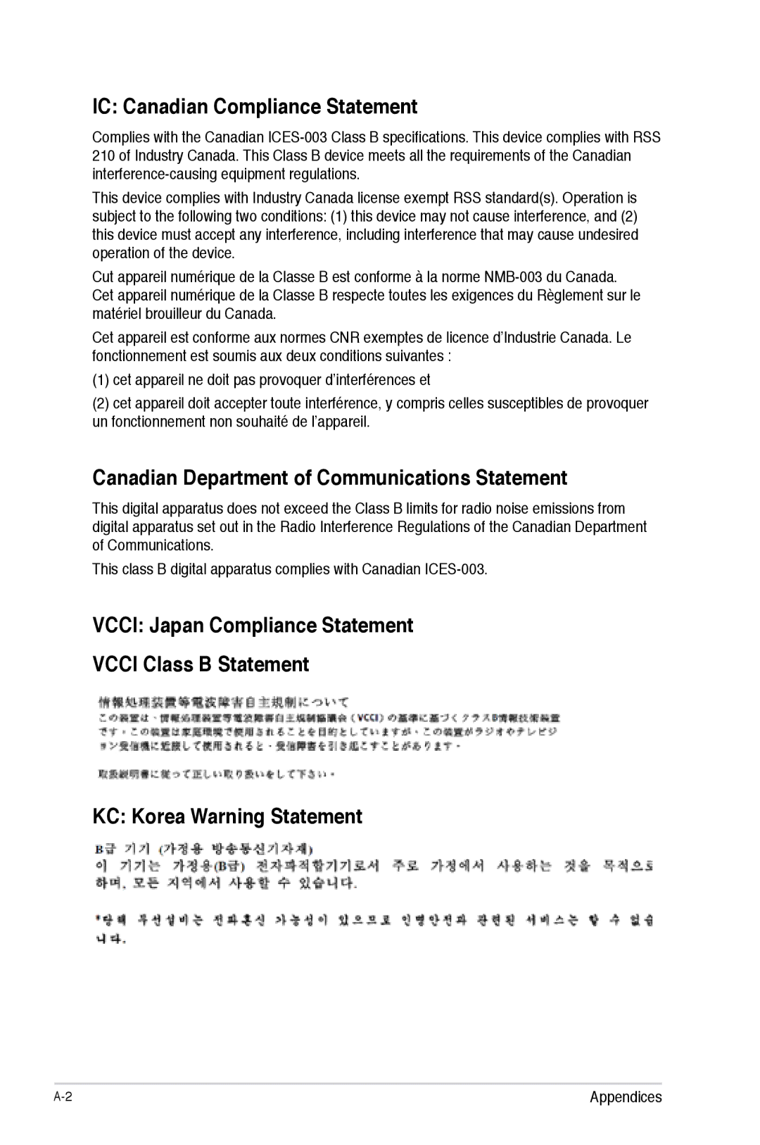 Asus F2A55-M manual IC Canadian Compliance Statement, Canadian Department of Communications Statement 