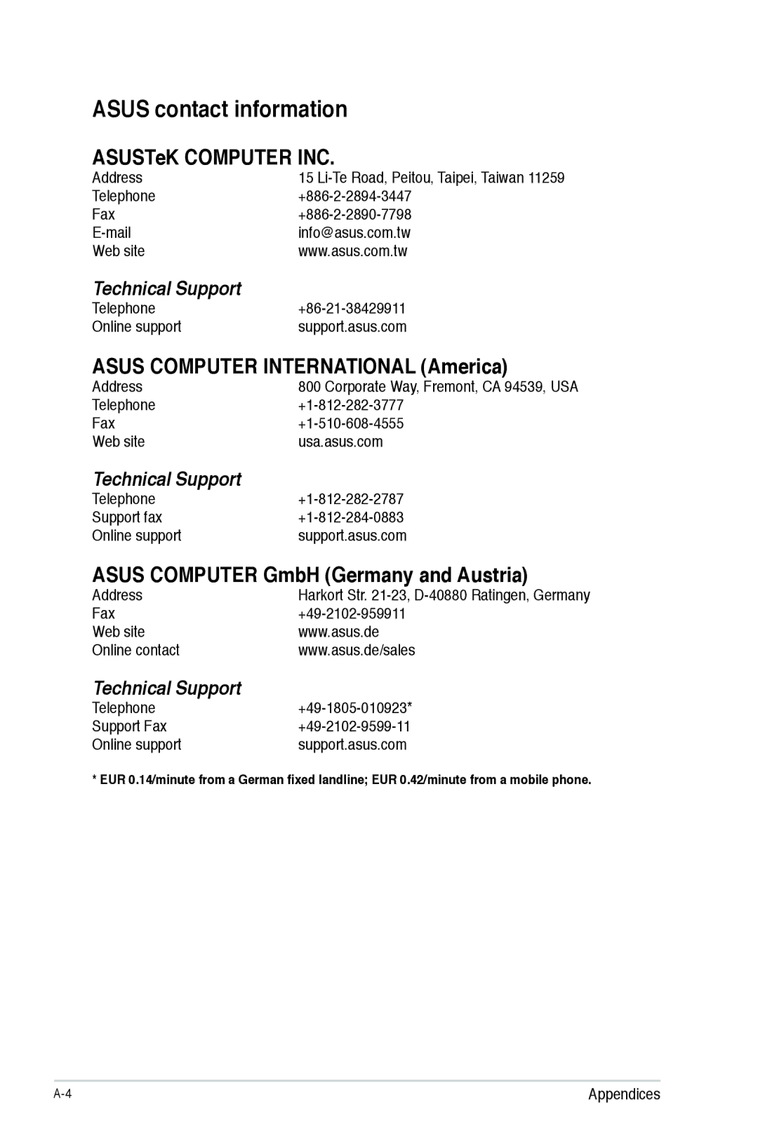 Asus F2A55-M manual Asus contact information, ASUSTeK Computer INC, Asus Computer International America 