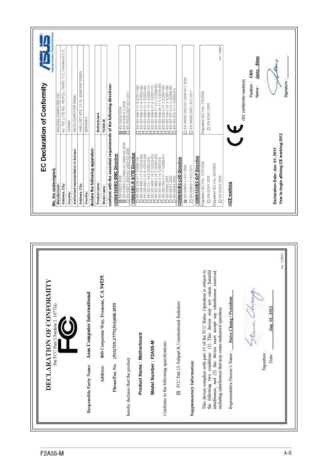 Asus F2A55-M manual EC Declaration of Conformity 