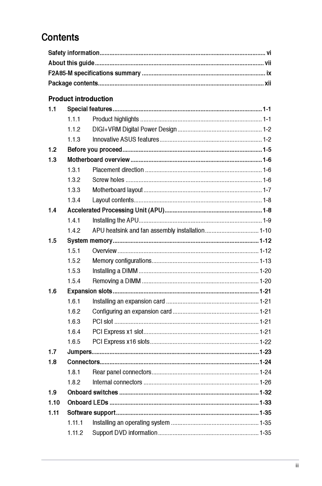 Asus F2A85-M manual Contents 