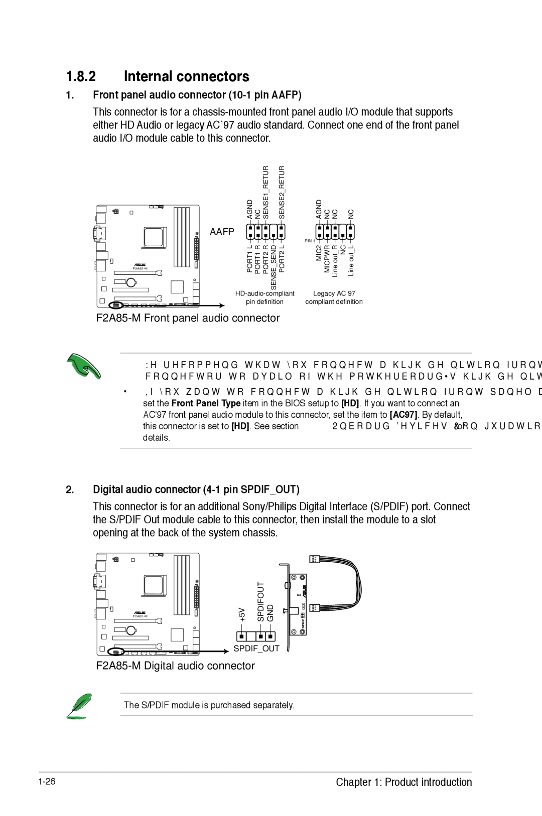 Asus manual Internal connectors, Front panel audio connector 10-1 pin Aafp, F2A85-M Front panel audio connector 