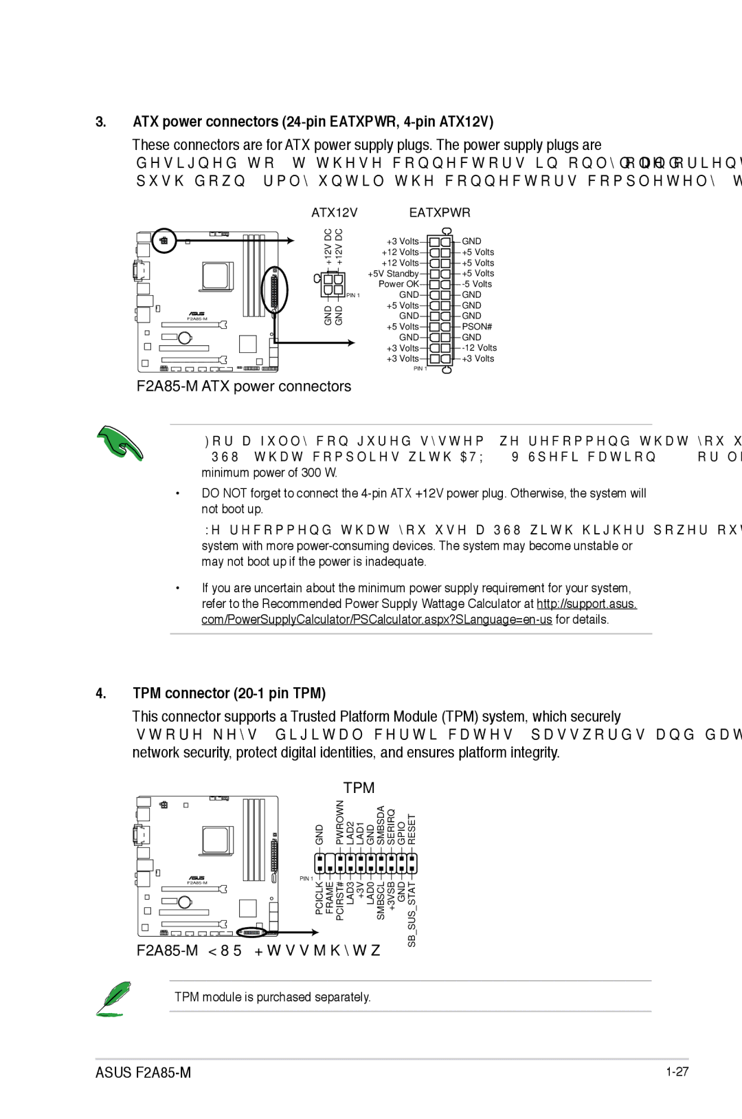 Asus manual ATX power connectors 24-pin EATXPWR, 4-pin ATX12V, F2A85-M ATX power connectors, TPM connector 20-1 pin TPM 