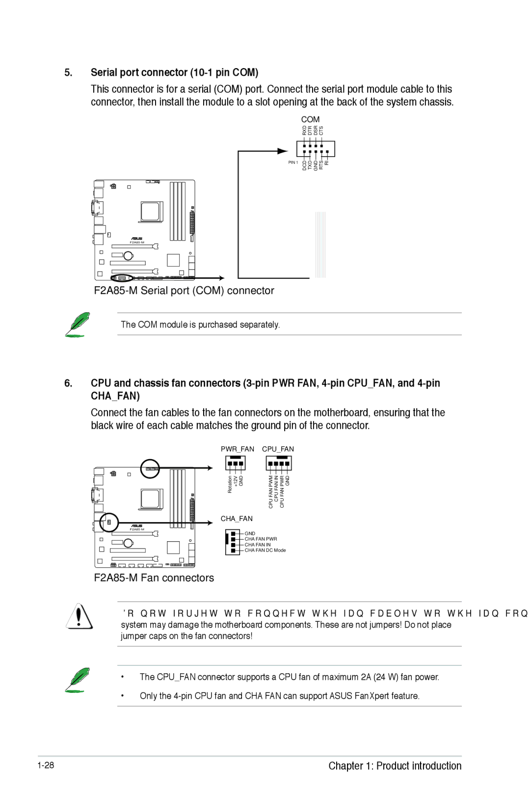 Asus manual Serial port connector 10-1 pin COM, F2A85-M Serial port COM connector, F2A85-M Fan connectors 