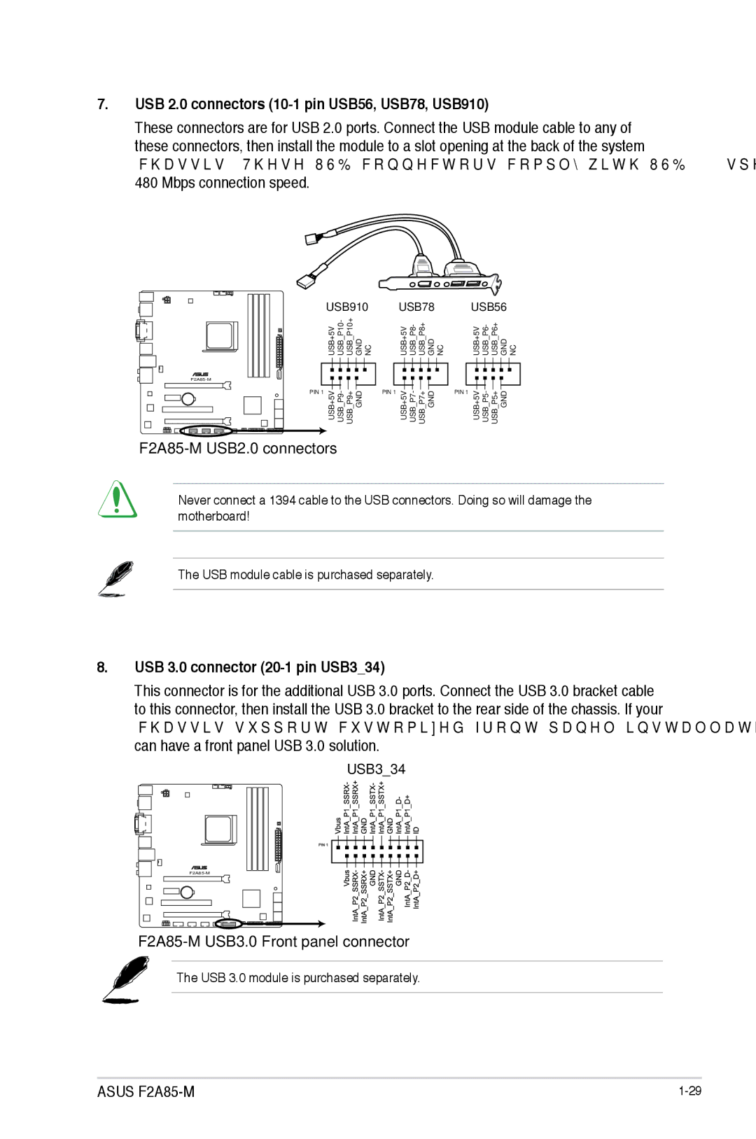 Asus USB 2.0 connectors 10-1 pin USB56, USB78, USB910, F2A85-M USB2.0 connectors, USB 3.0 connector 20-1 pin USB334 