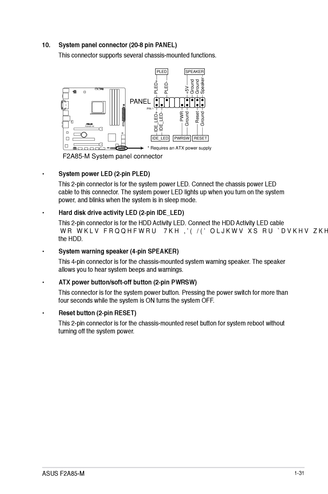 Asus manual F2A85-M System panel connector System power LED 2-pin Pled 