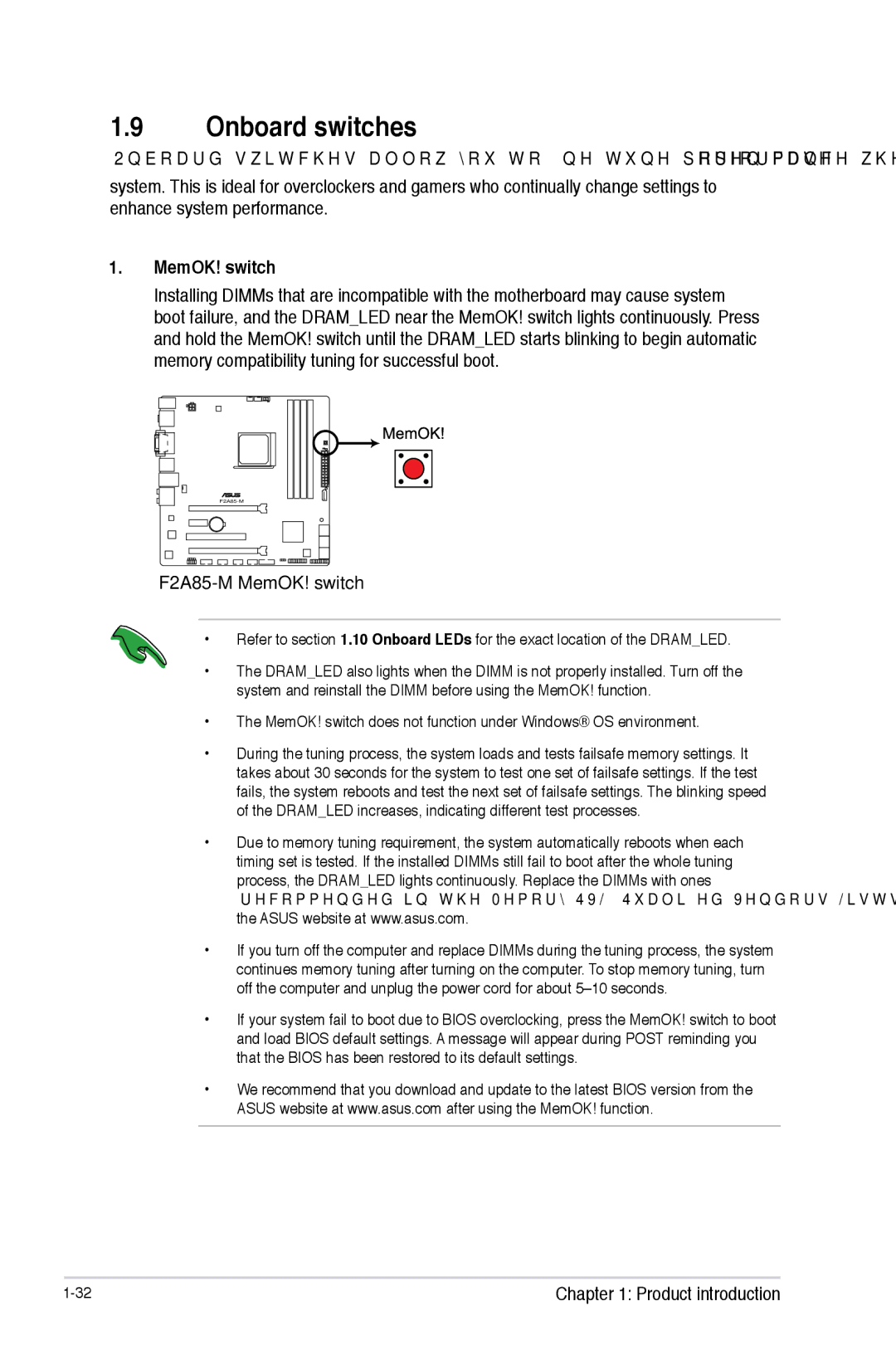 Asus manual Onboard switches, F2A85-M MemOK! switch 