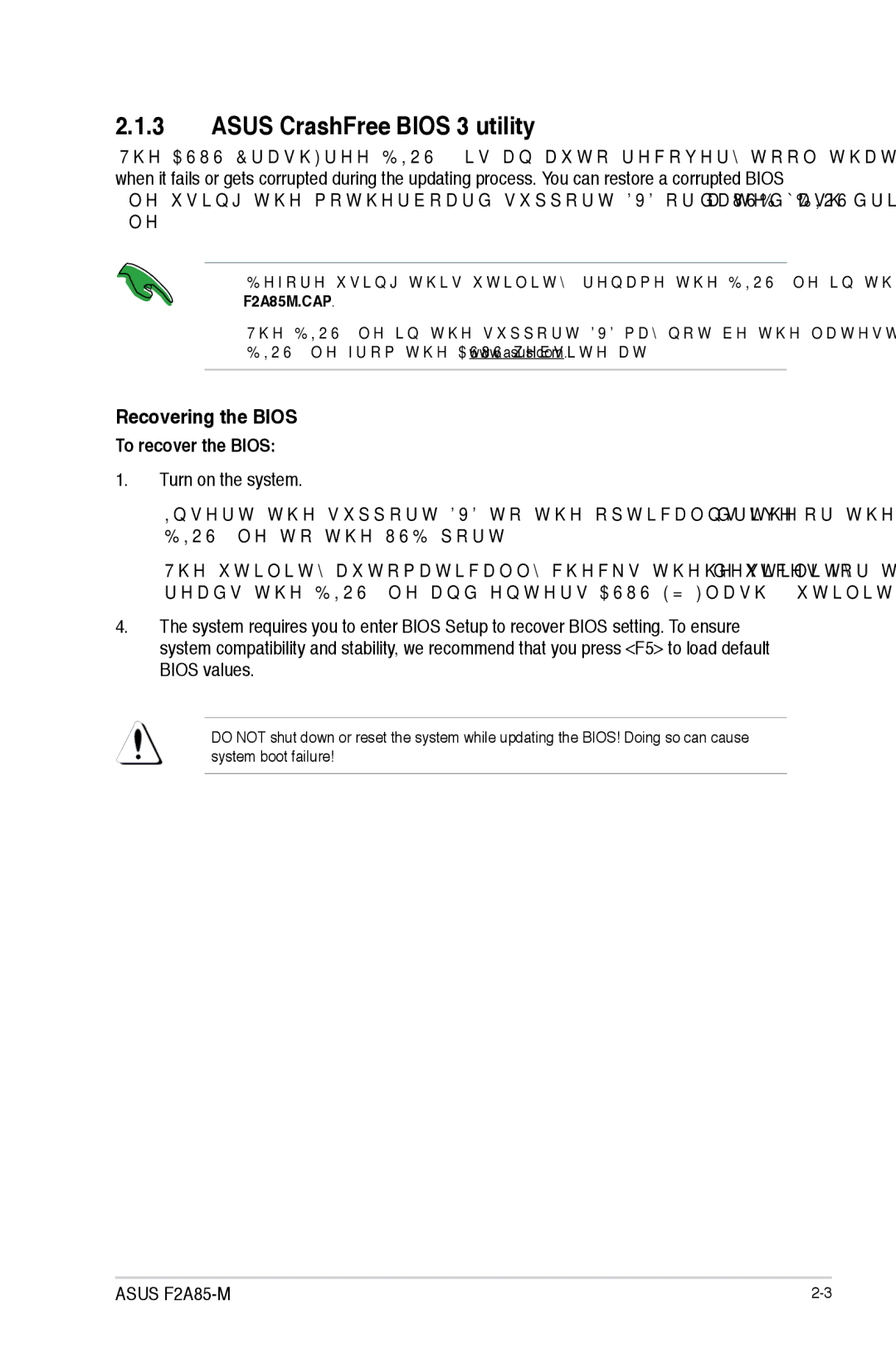 Asus F2A85-M manual Asus CrashFree Bios 3 utility, Recovering the Bios, To recover the Bios 