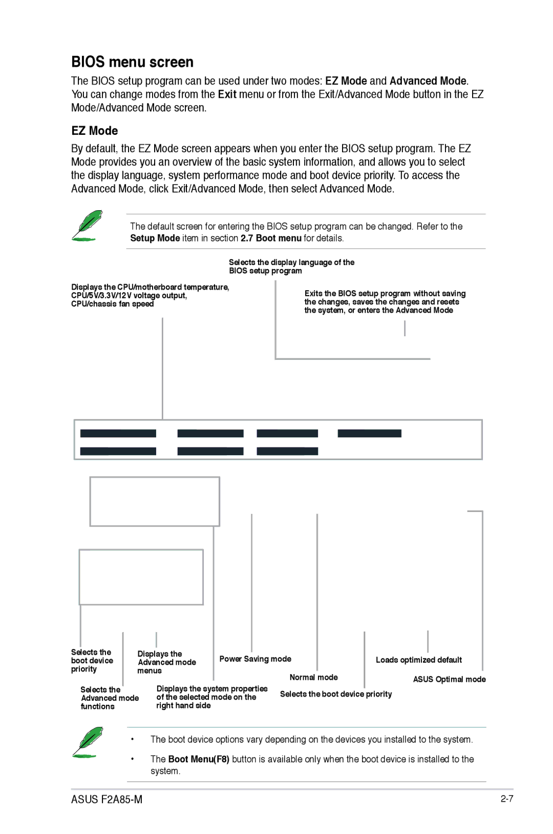 Asus F2A85-M manual Bios menu screen, EZ Mode 