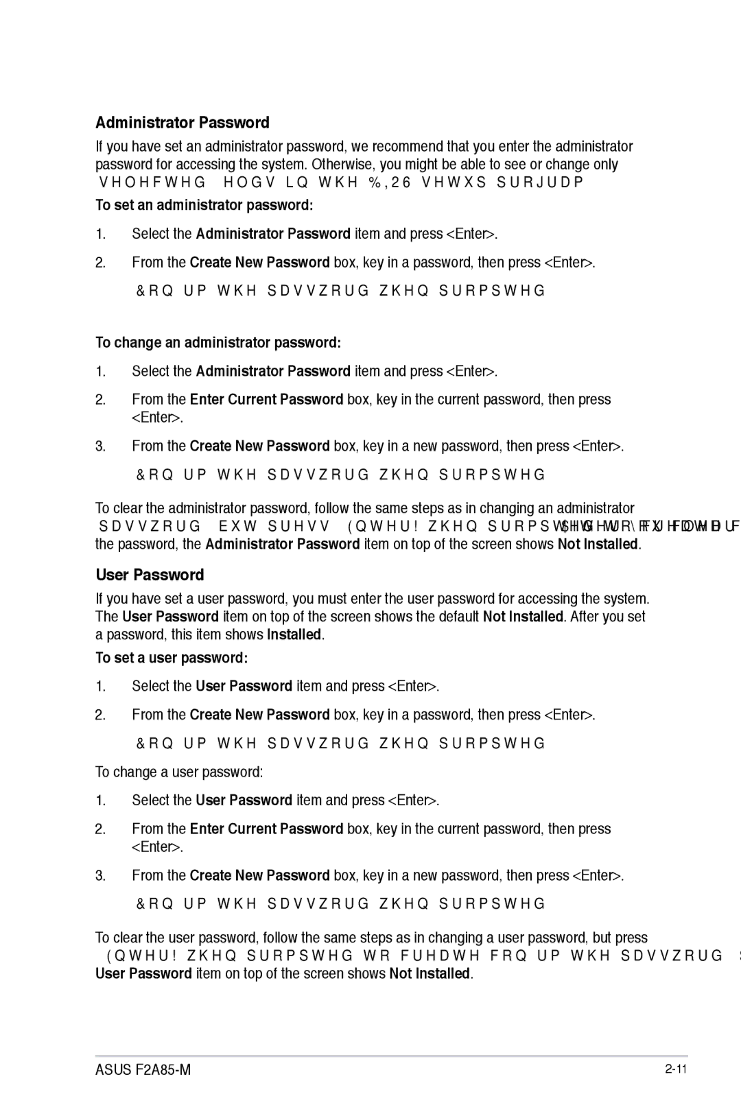 Asus F2A85-M Administrator Password, User Password, To set an administrator password, To change an administrator password 