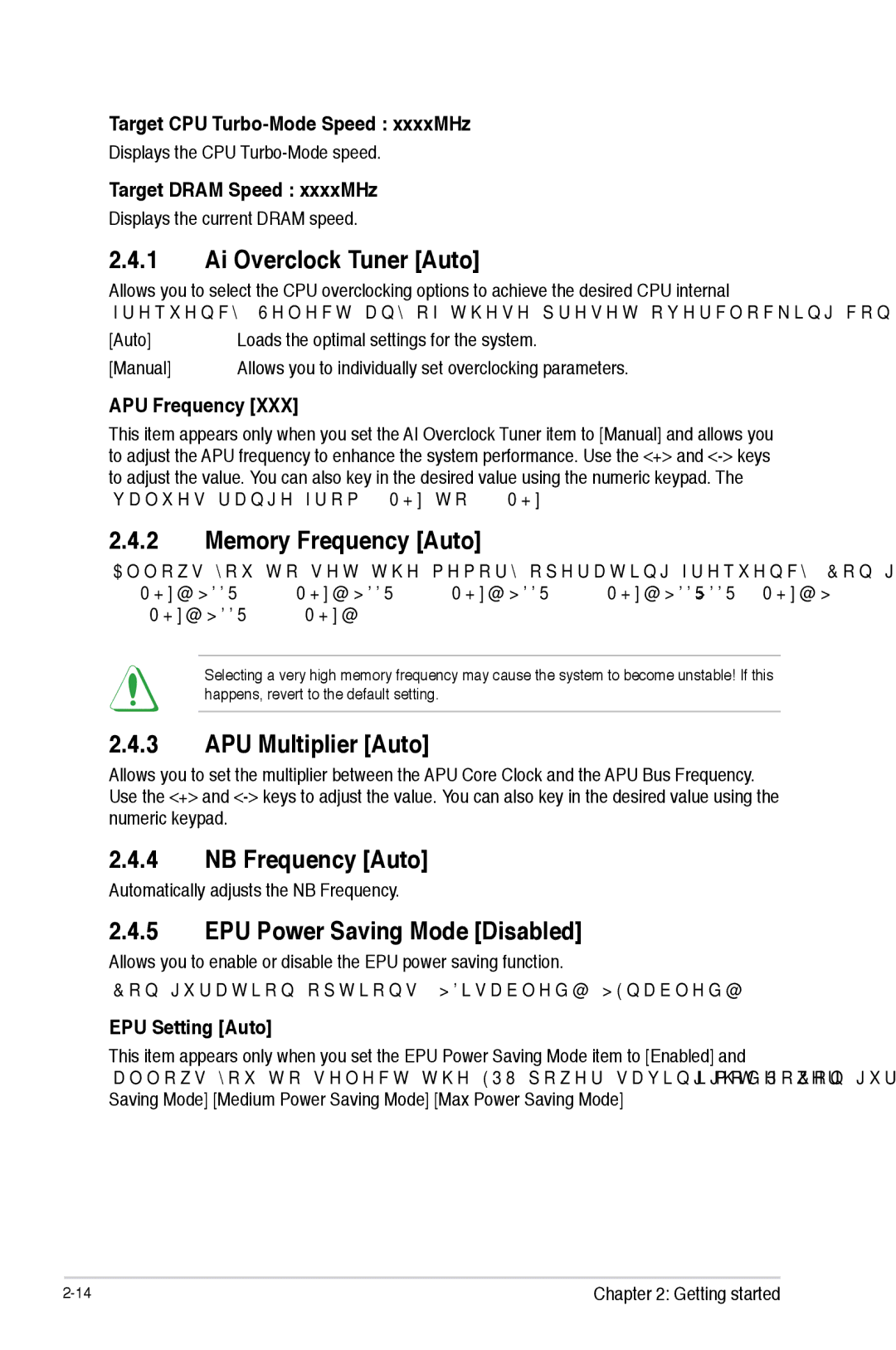 Asus F2A85-M manual Ai Overclock Tuner Auto, Memory Frequency Auto, APU Multiplier Auto, NB Frequency Auto 