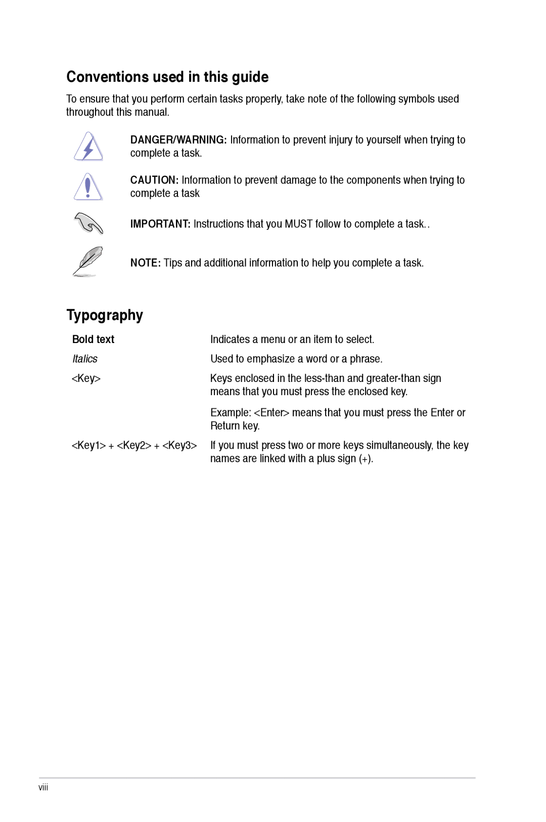 Asus F2A85-M manual Conventions used in this guide, Typography, Bold text 