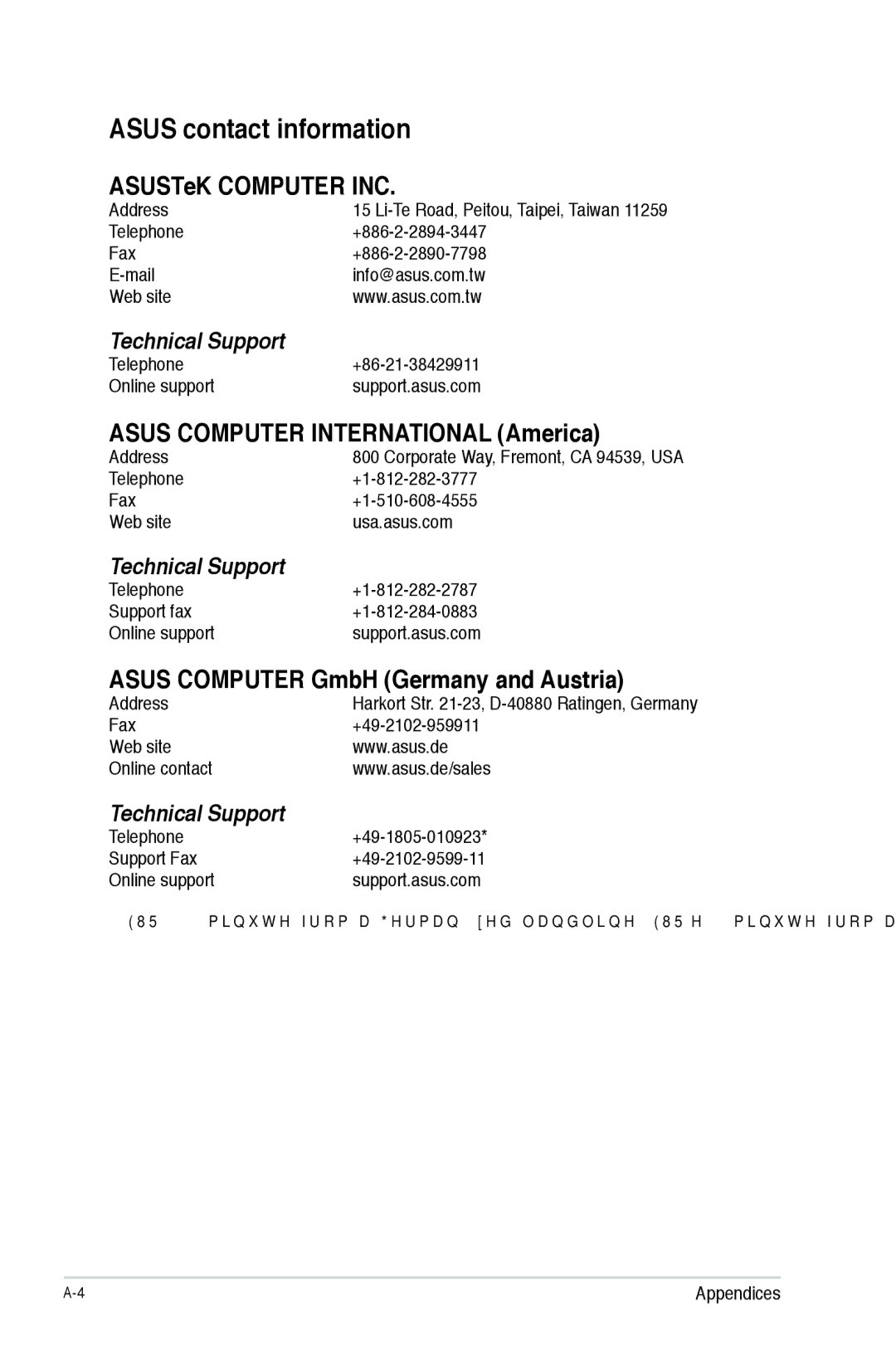 Asus F2A85-M manual Asus contact information, ASUSTeK Computer INC, Asus Computer International America 