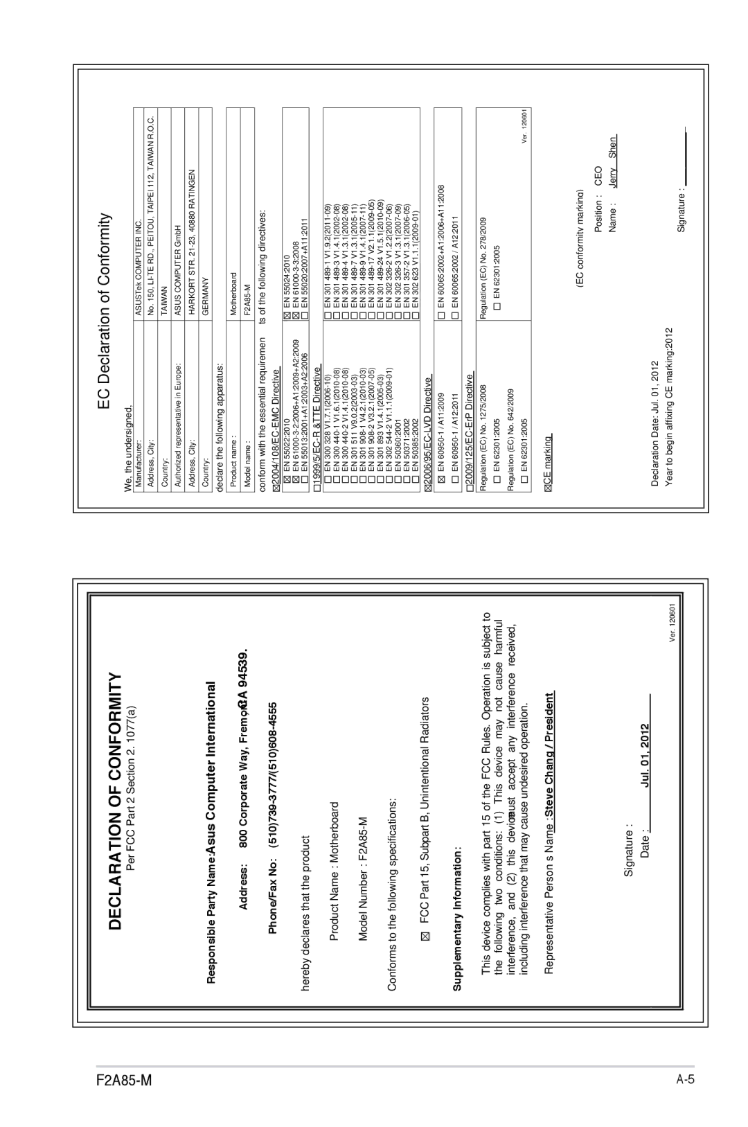 Asus F2A85-M manual EC Declaration of Conformity 