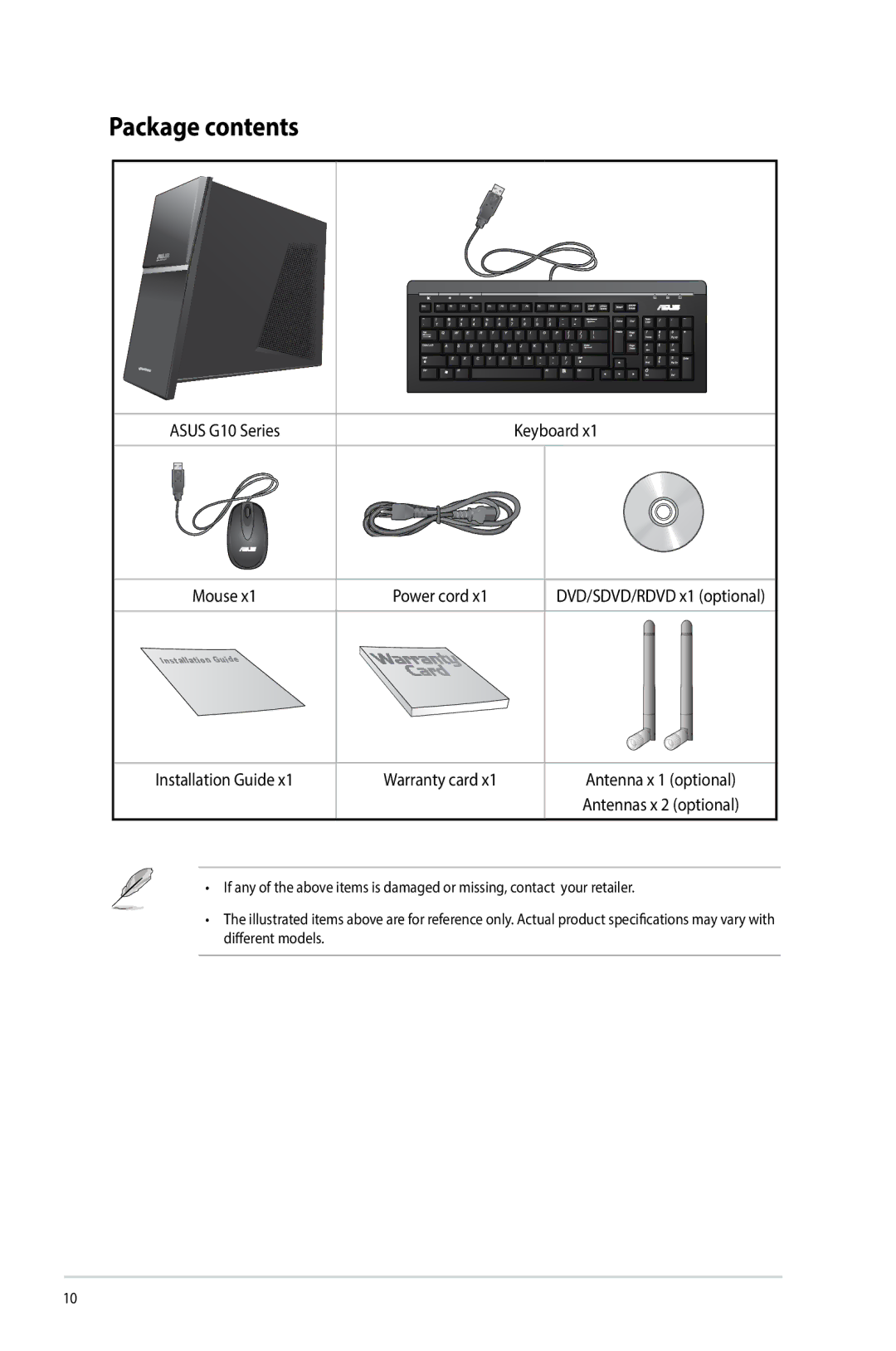 Asus G10AJ manual Package contents 